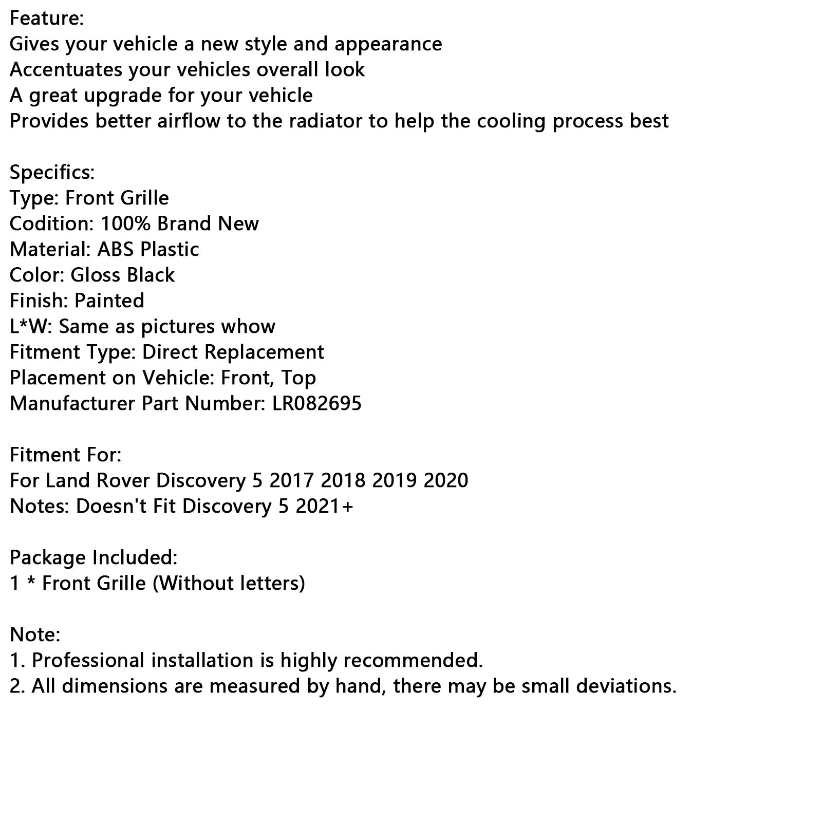 랜드로버 디스커버리 5 L462 2017-2020 블랙 프론트 범퍼 그릴