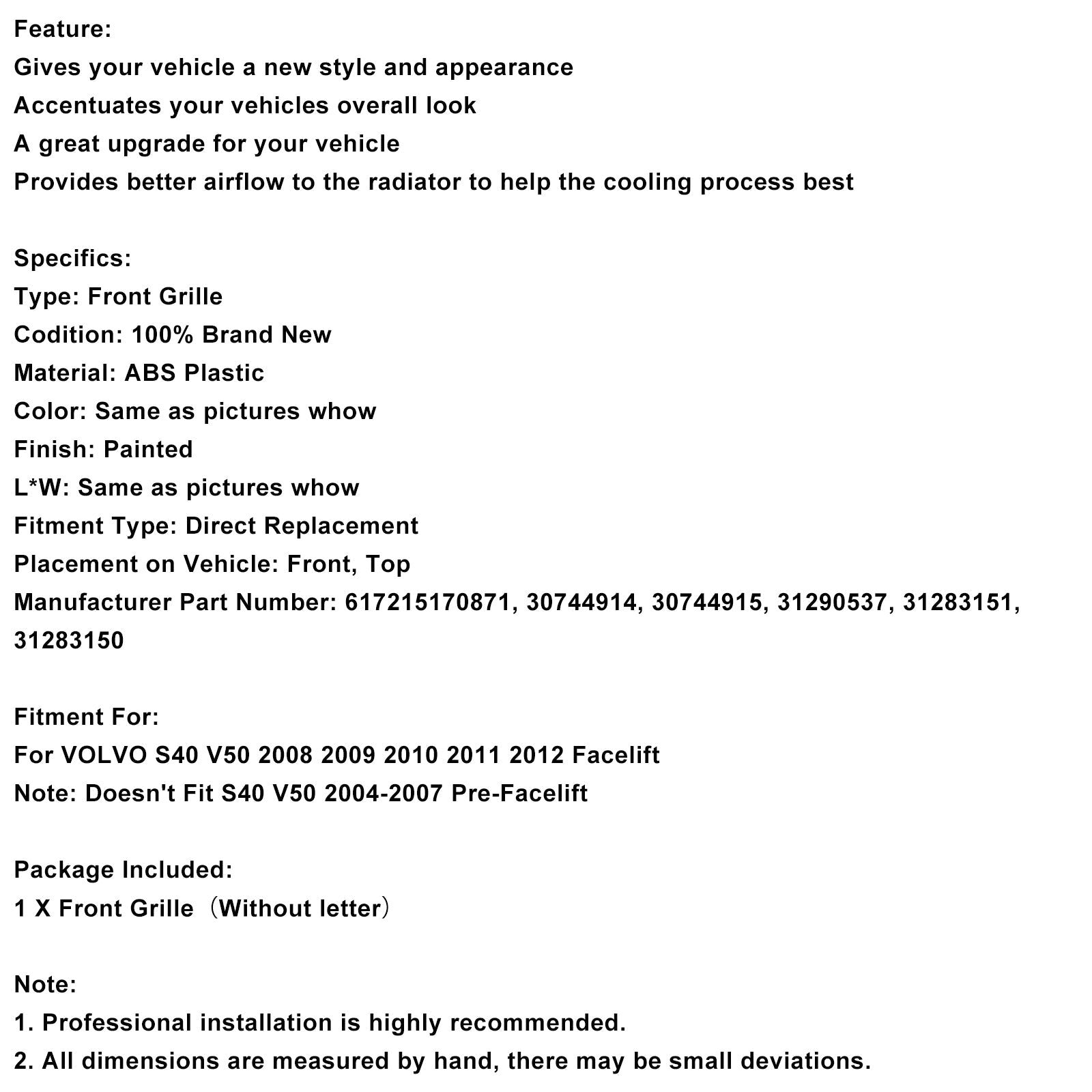 2008-2012 Volvo S40 V50 Gloss Black Front Bumper Honeycomb Grille Grill