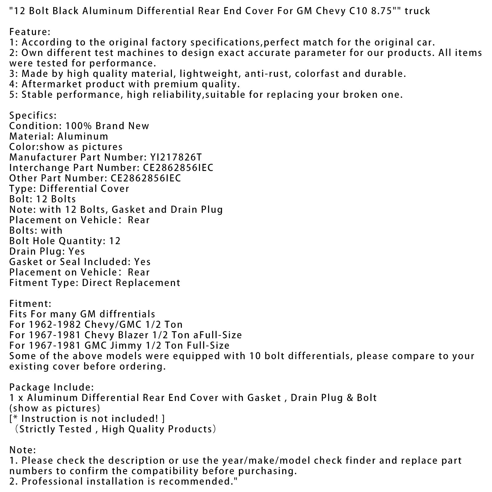 12 Bolt Black Aluminum Differential Rear End Cover For GM Chevy C10 8.75" truck