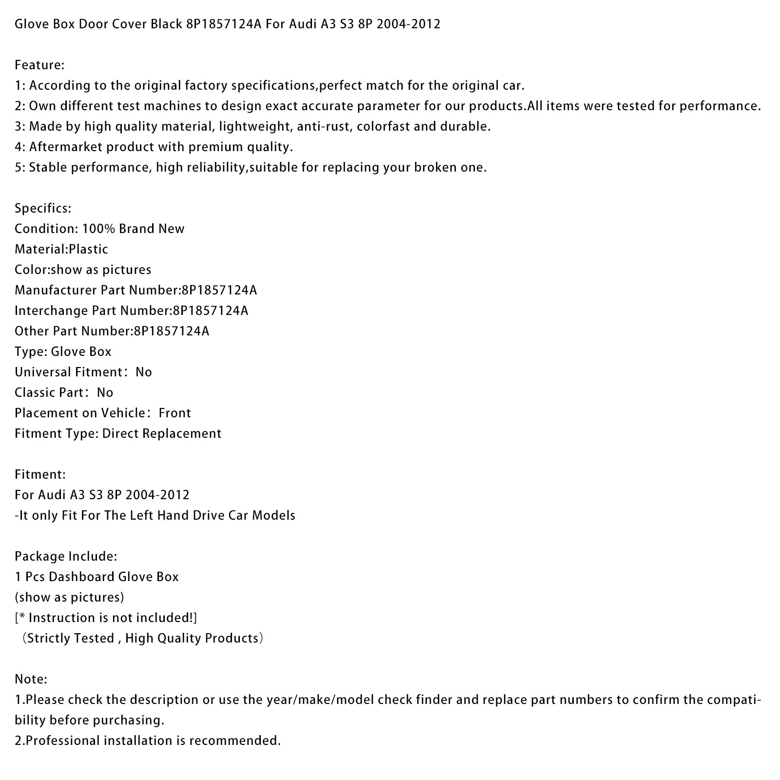 2004-2012 Audi A3 S3 8P Glove Box Door Cover Black 8P1857124A