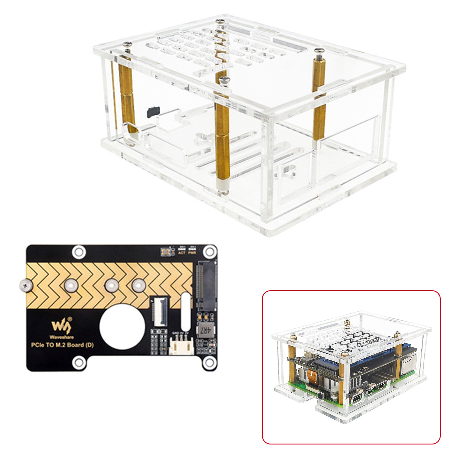 Raspberry Pi5 PCI-E Adapter Case  PCIe to M.2 Adapter Board Acrylic Box Radiator
