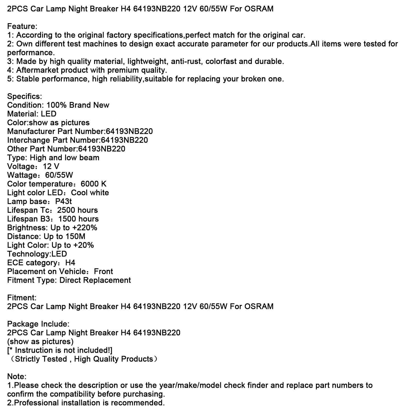 오스람용 H4 64193NB220 12V 60/55W 자동차 램프 나이트 브레이커 2개