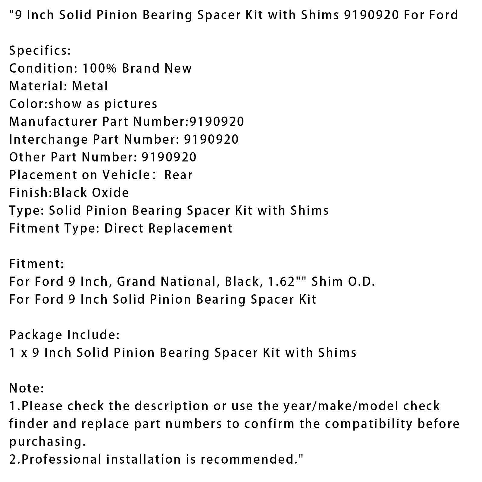 9 Inch Solid Pinion Bearing Spacer Kit with Shims 9190920 For Ford
