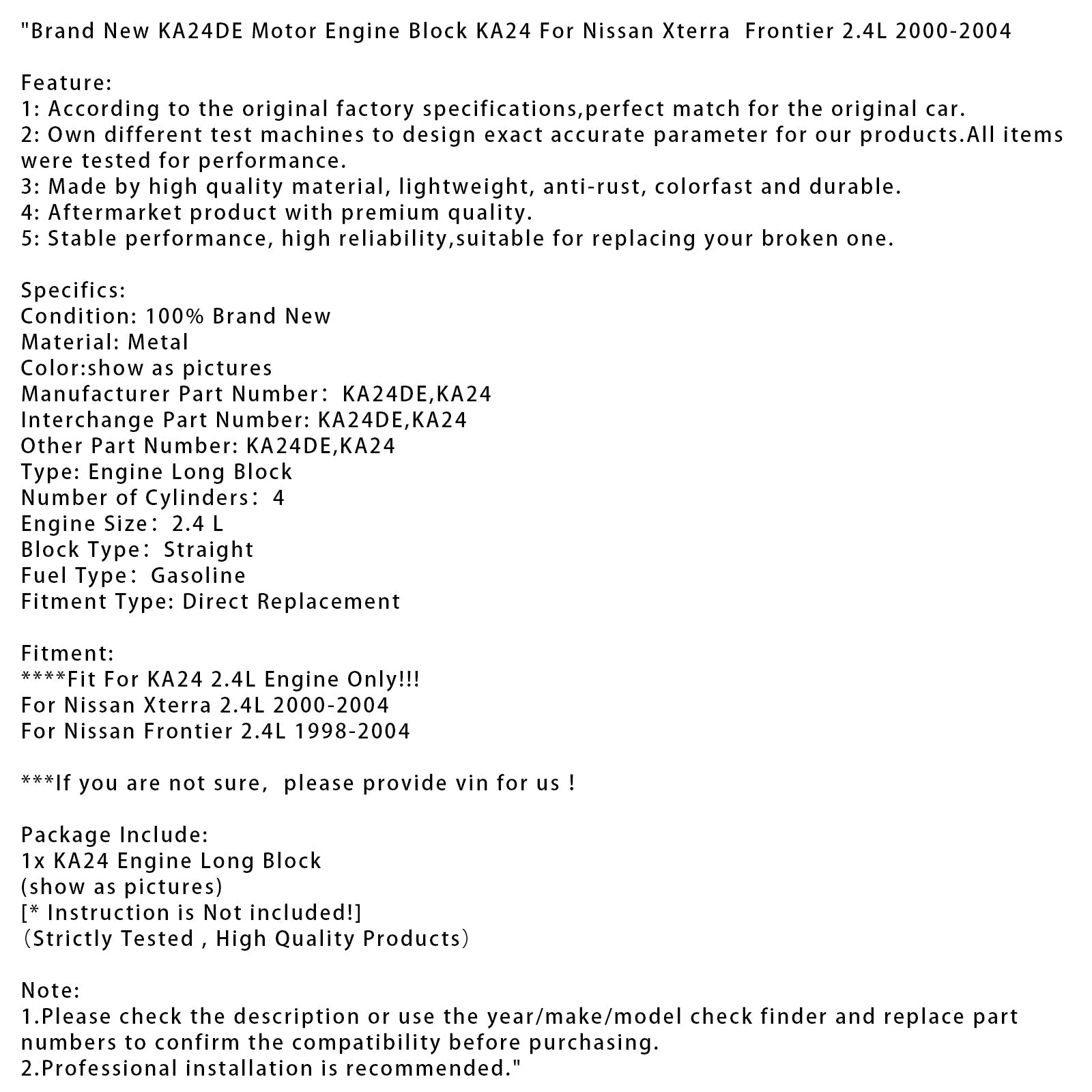 New KA24DE Motor Engine Block KA24 For Nissan Xterra  Frontier 2.4L 2000-2004