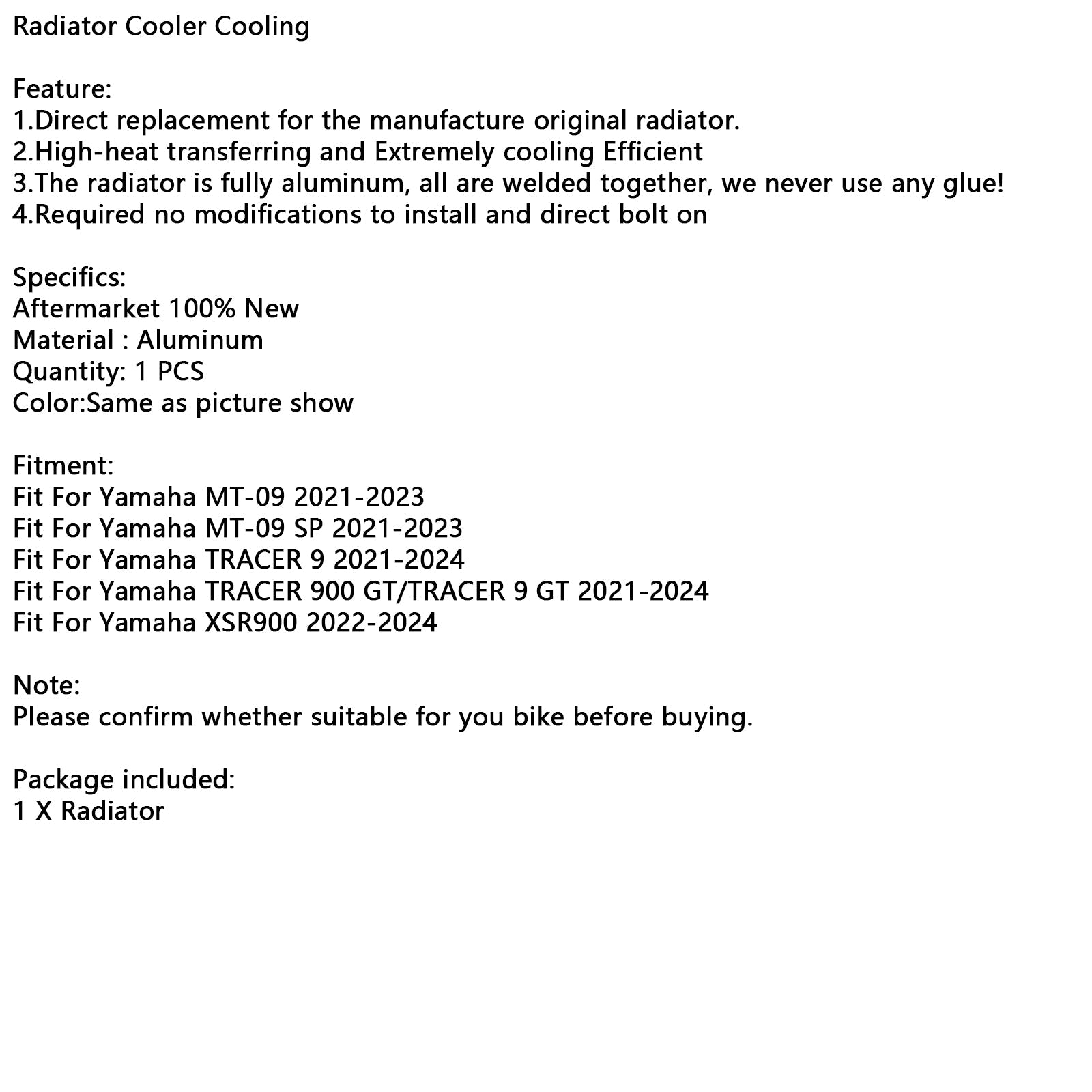 야마하 MT-09/SP TRACER 9 XSR900 21-24용 라디에이터 냉각 엔진 쿨러