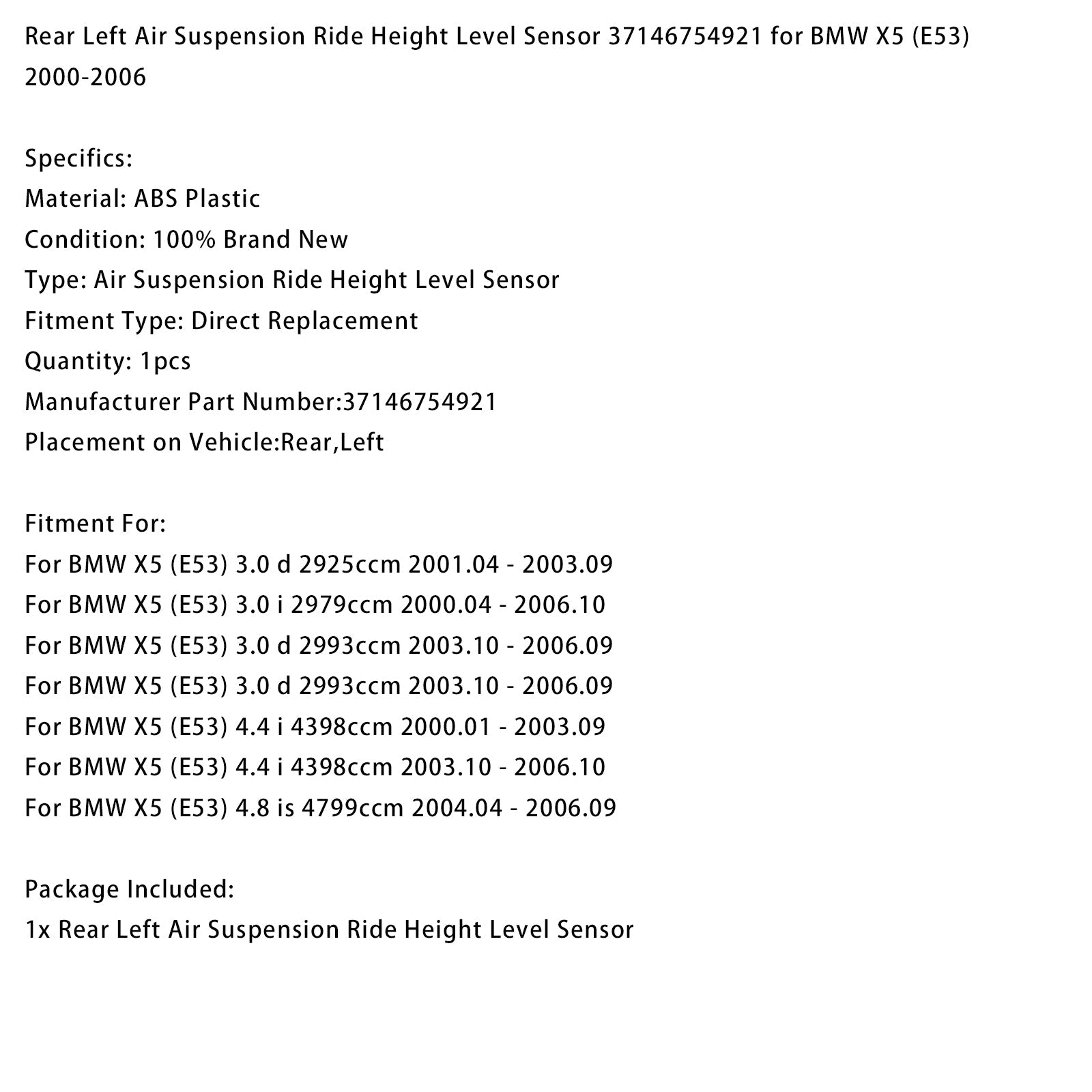 Rear Left Height Level Sensor 37146754921 for BMW X5 (E53) 2000-2006