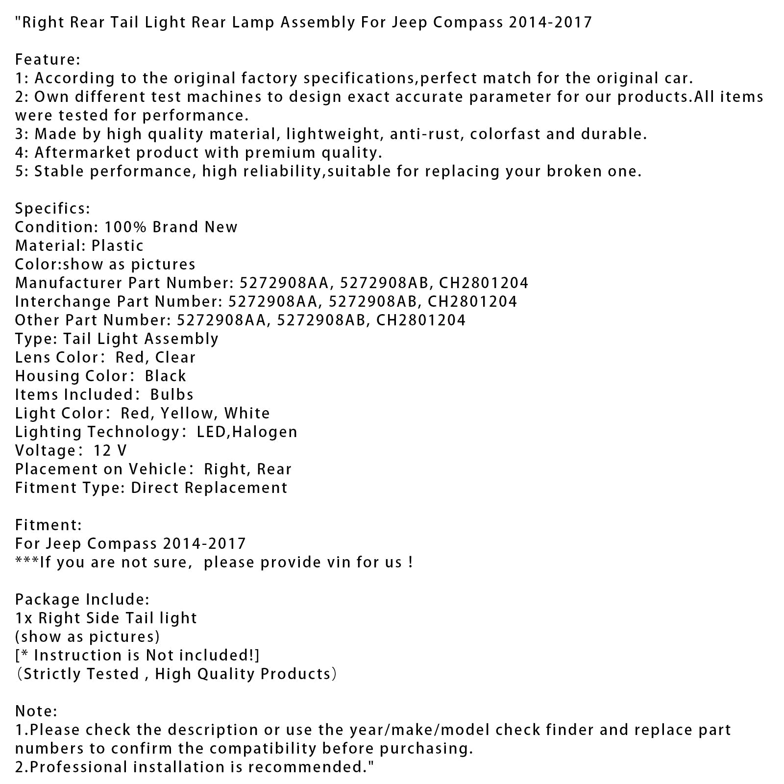 Right Rear Tail Light Rear Lamp Assembly For Jeep Compass 2014-2017