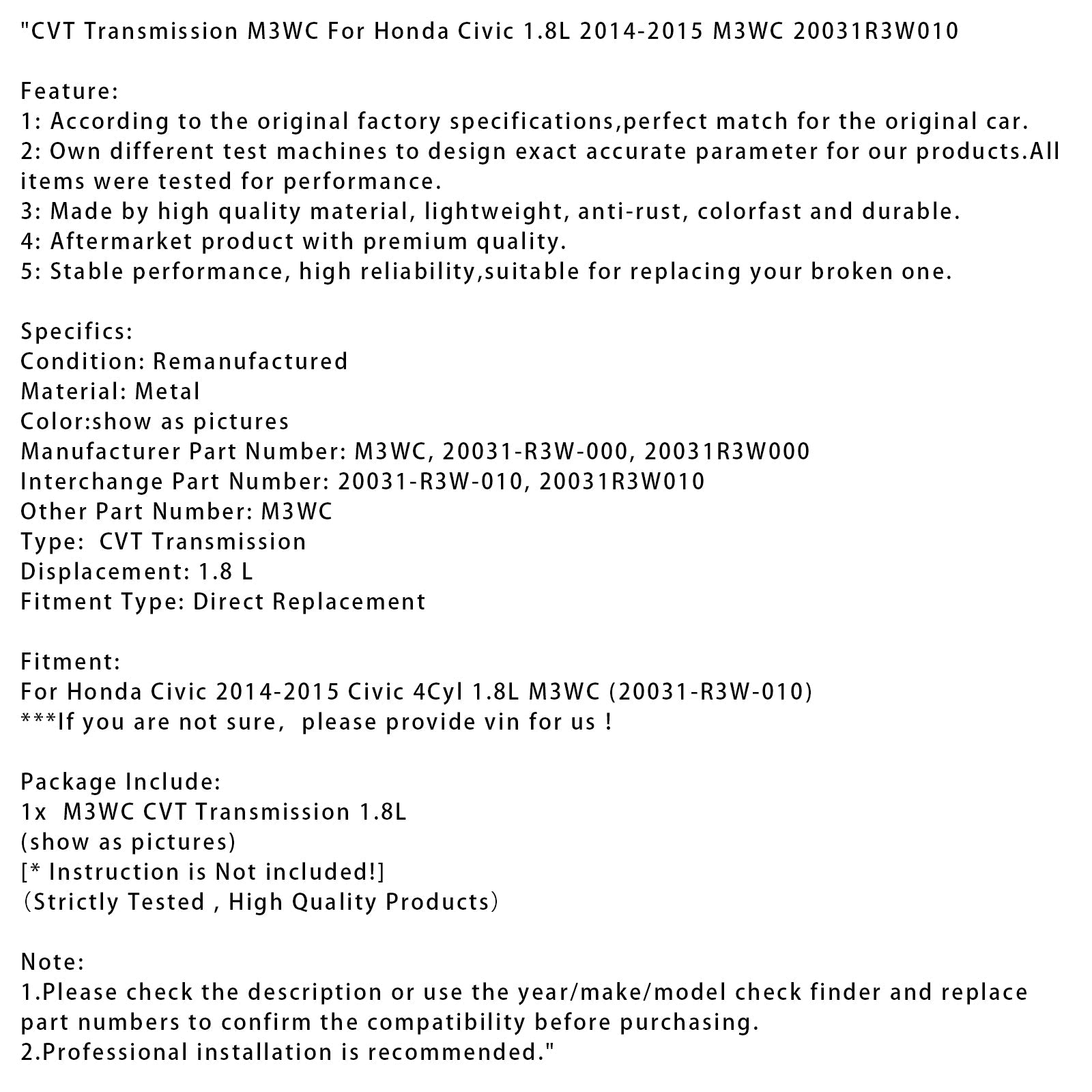 2014-2015 Honda Civic 1.8L M3WC CVT Transmission M3WC 20031R3W010