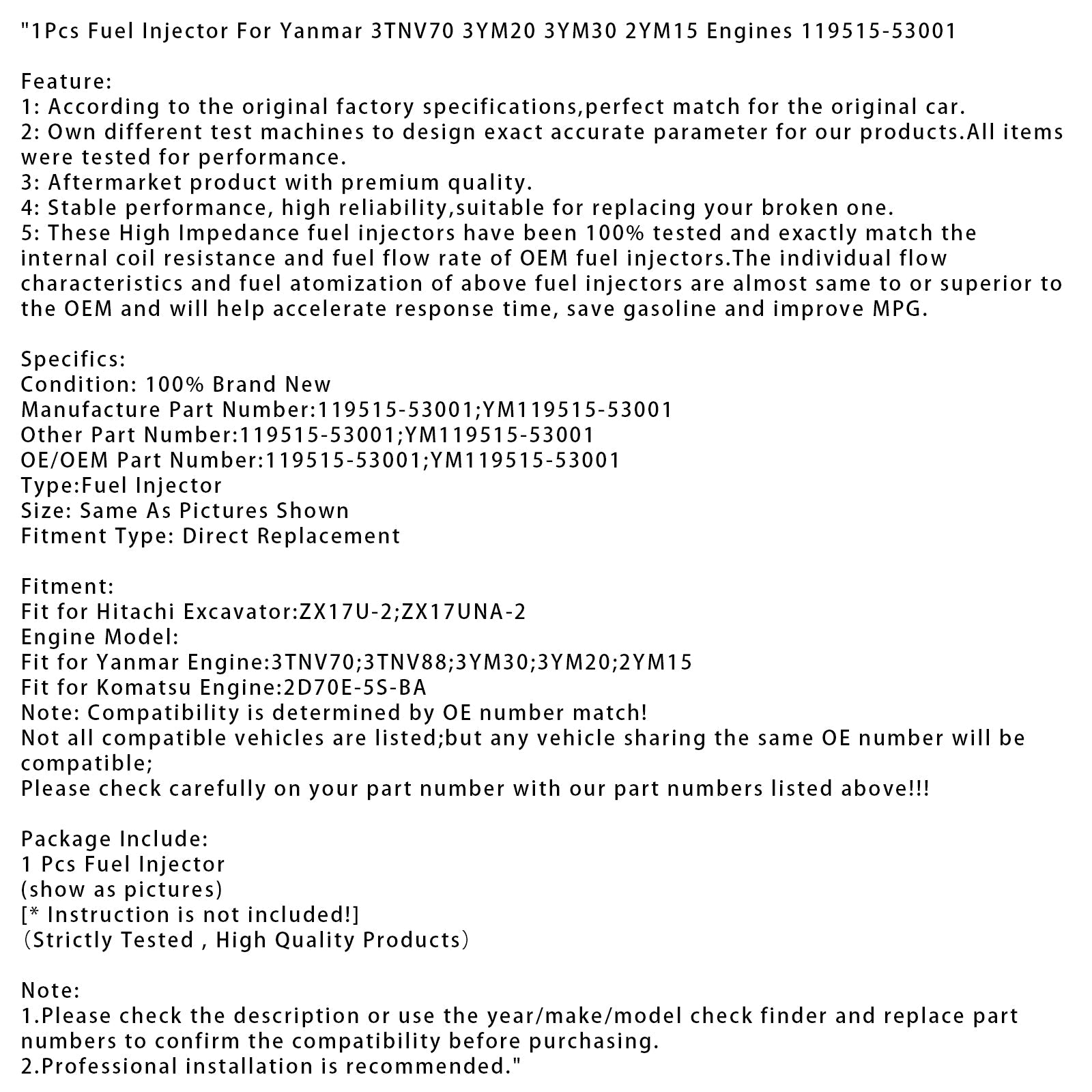 1Pcs Fuel Injector For Yanmar 3TNV70 3YM20 3YM30 2YM15 Engines 119515-53001