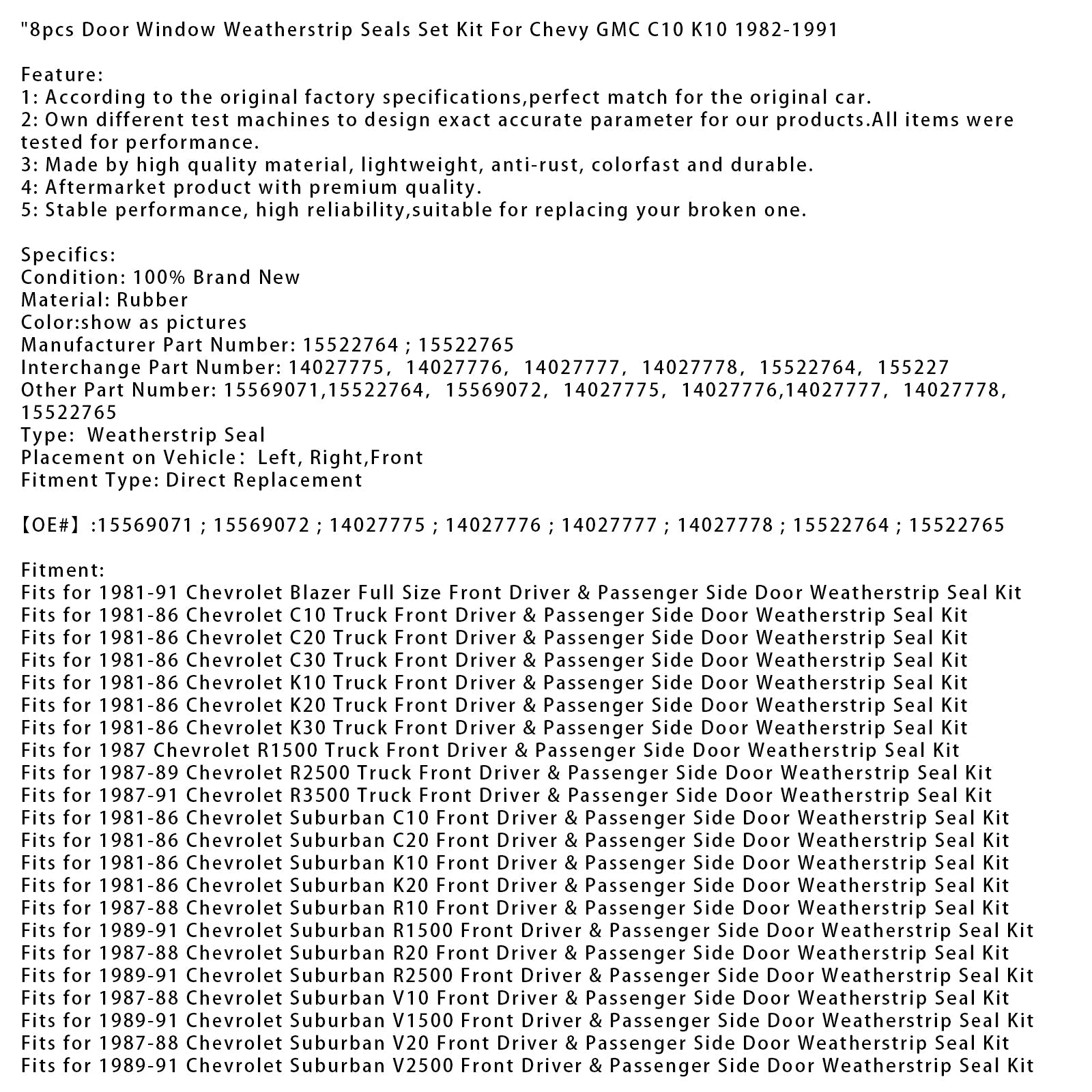 Door Window Weatherstrip Seals Set Kit For Chevy GMC C10 K10 1982-1991