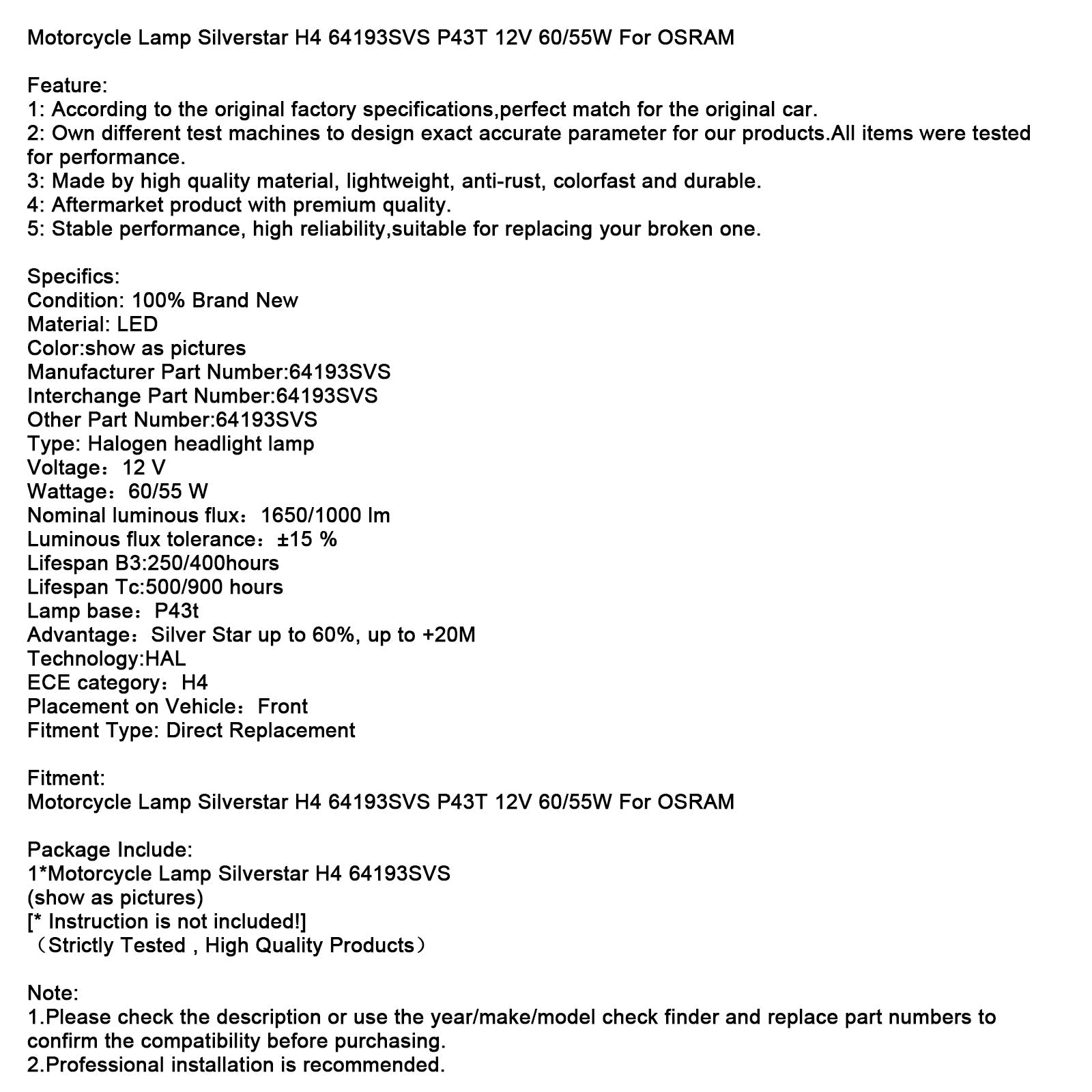 Motorcycle Lamp Silverstar H4 64193SVS P43T 12V 60/55W For OSRAM