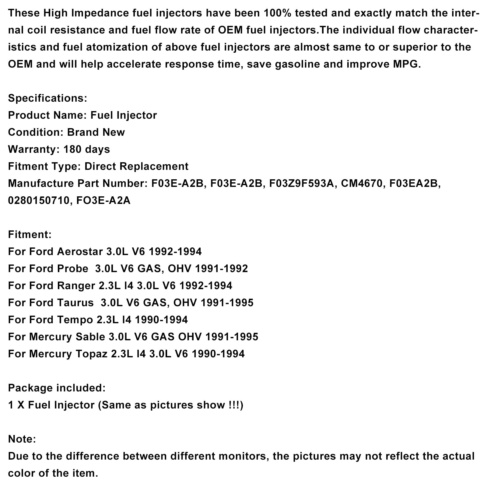 1PCS Fuel Injector CM4670 Fit Ford Ranger 2.9L 3.0L 3.8L V6 1985-1997 F03E-A2B