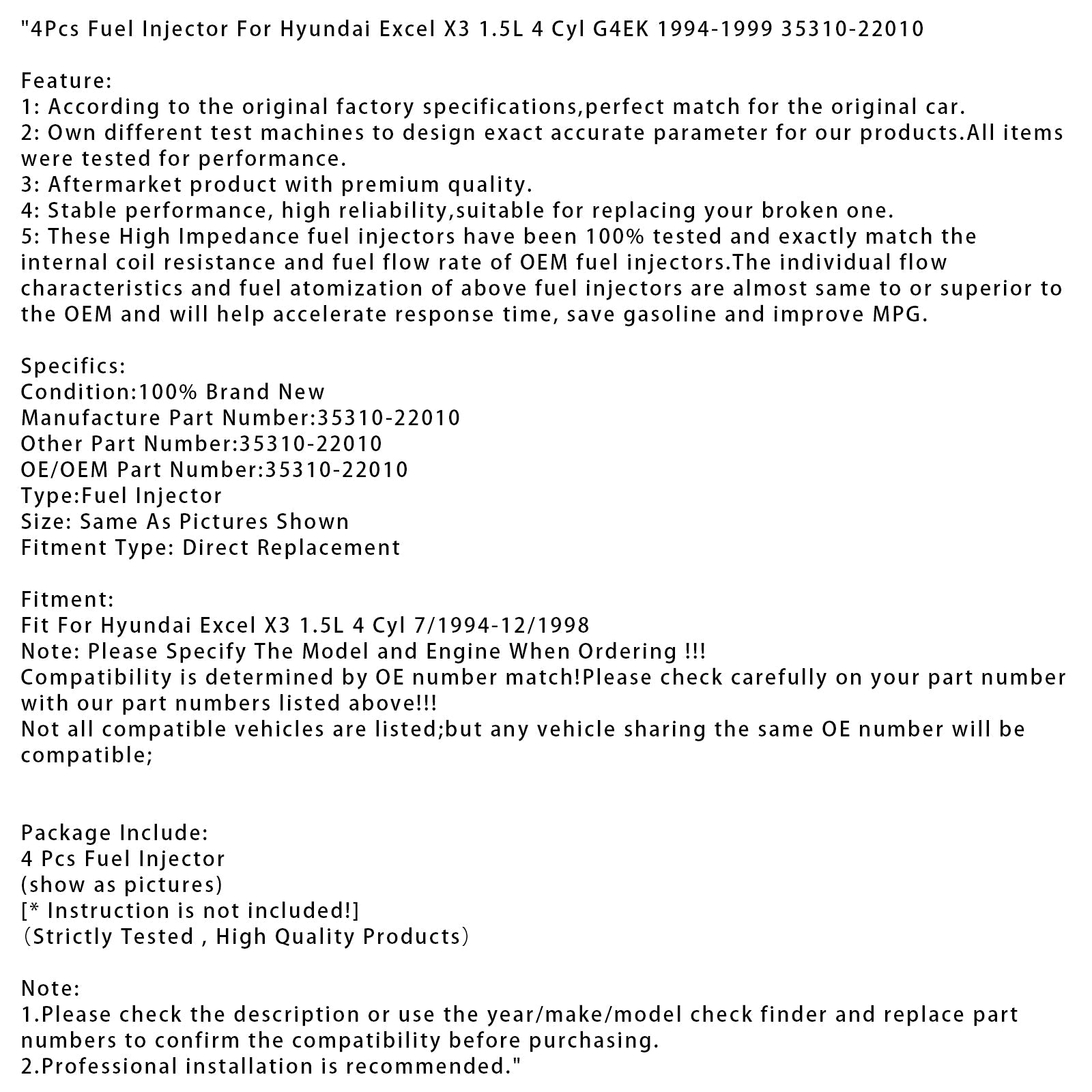 1994-1999 Hyundai Excel X3 1.5L 4 Cyl G4EK 4Pcs Fuel Injector 35310-22010