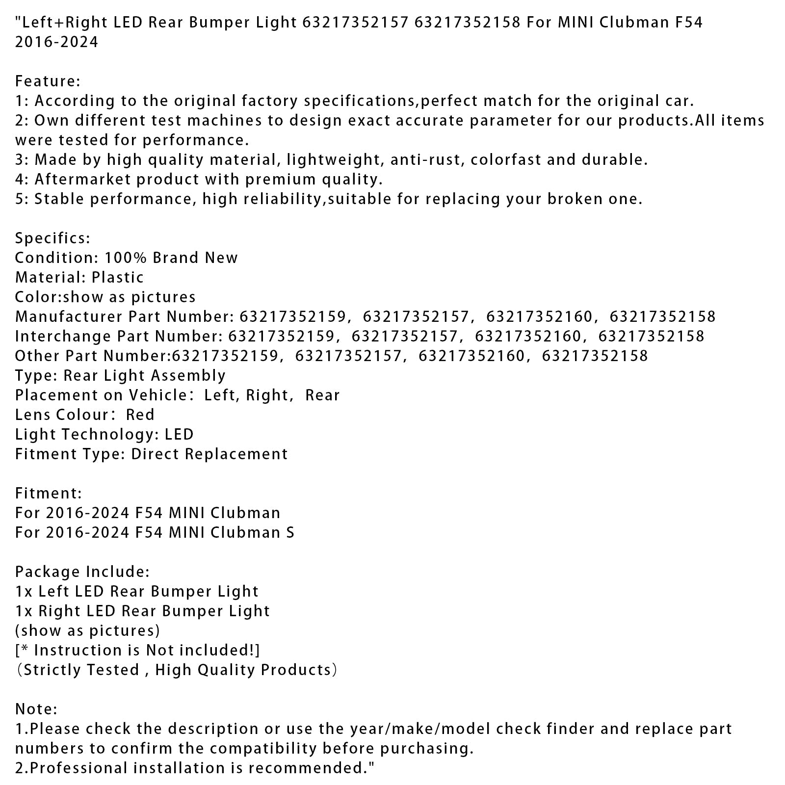 2016-2024 MINI Clubman F54 Left+Right LED Rear Bumper Light 63217352157 58