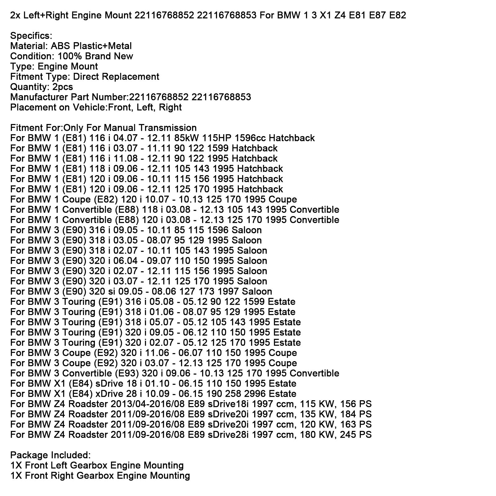 2x Left+Right Engine Mount 22116768852 22116768853 For BMW 1 3 X1 Z4 E81 E87 E82