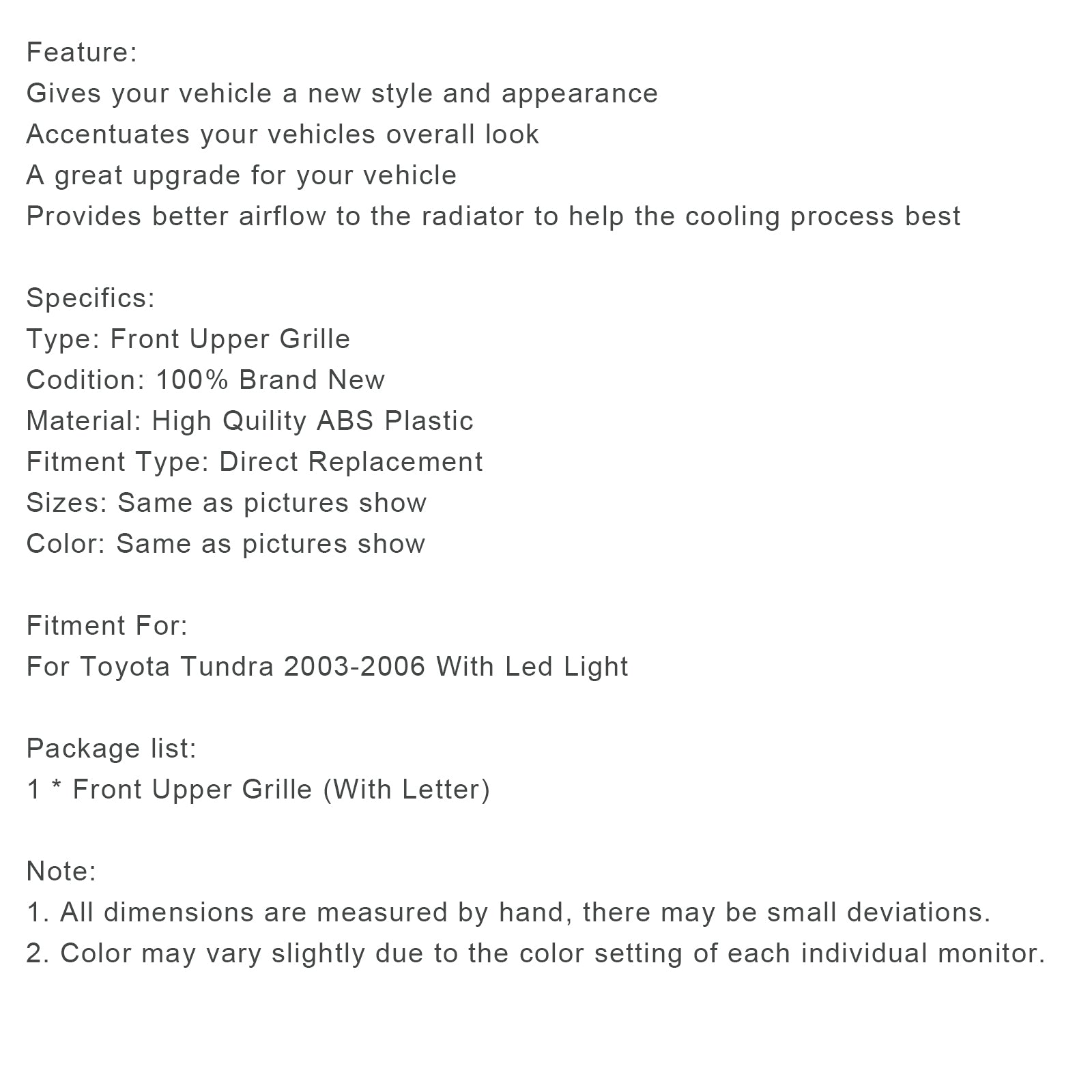 2003-2006 Toyota Tundra W/Light Matte Black Front Bumper Grill Grille