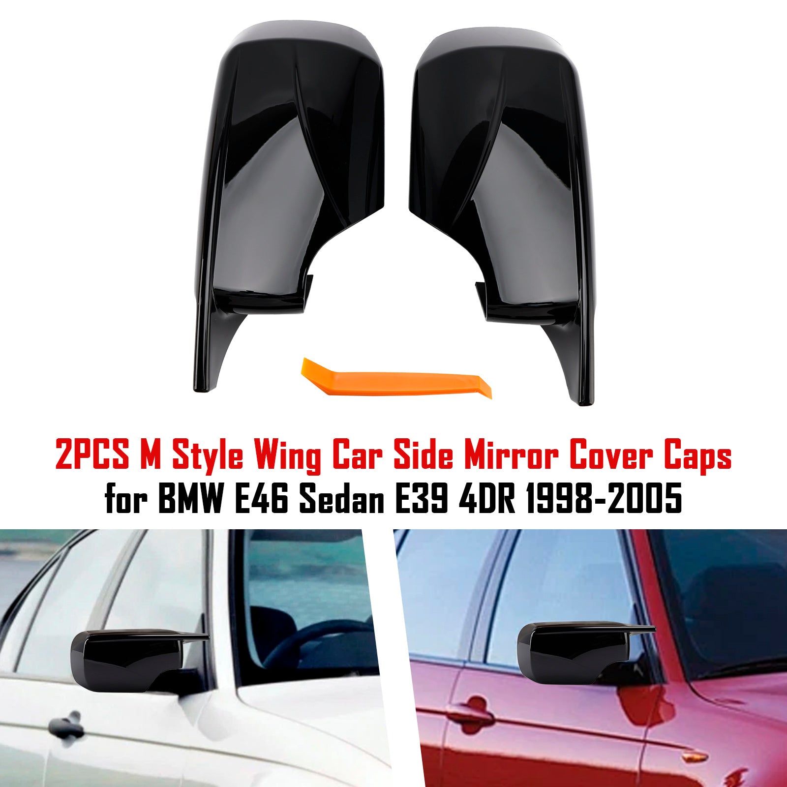 2PCS M Style Wing Car Side Mirror Cover Caps for BMW E46 Sedan E39 4DR 1998-2005