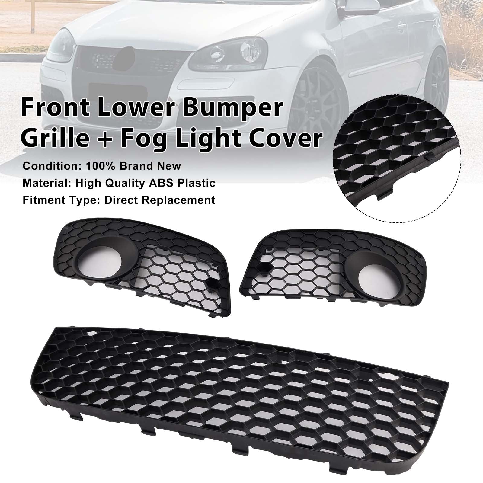 2006-2009 For VW GOLF MK5 GTI 3PCS Front Lower Bumper Grille + Fog Light Cover
