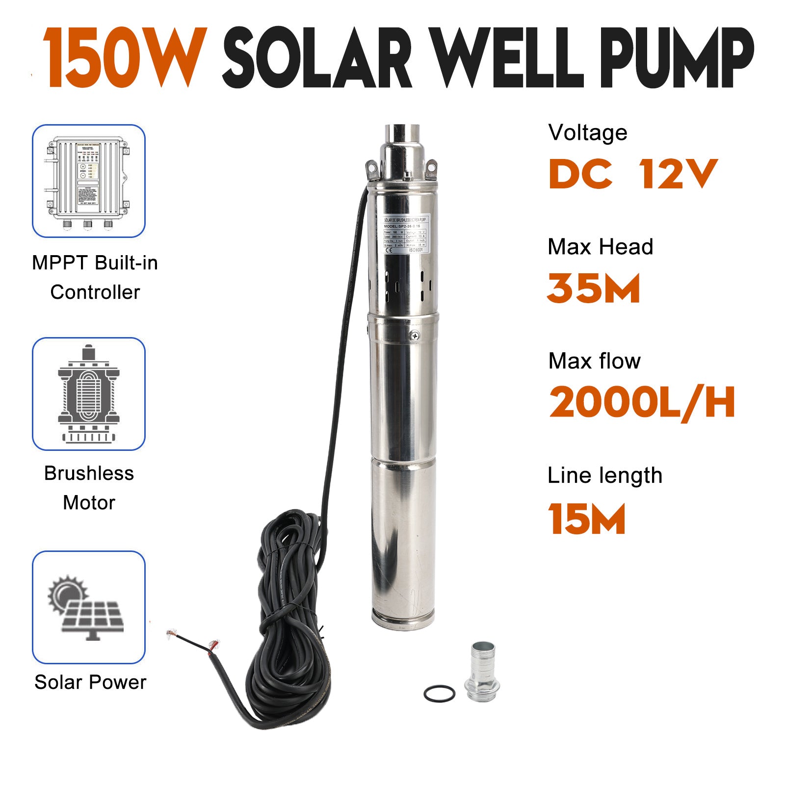 3" 12V 150W MPPT Screw Solar Bore Pump Submersible Deep Well Hole Steel