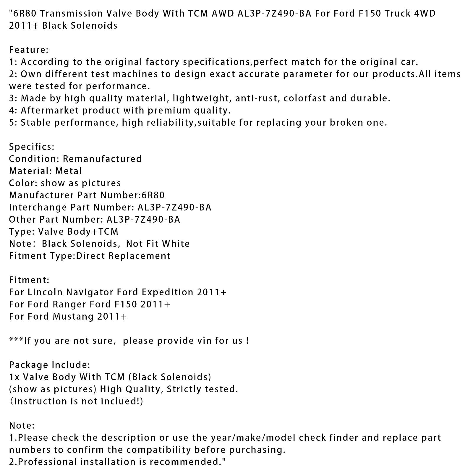 2011+ Lincoln Navigator Ford Expedition 6R80 Transmission Valve Body w/TCM AWD AL3P-7Z490-BA