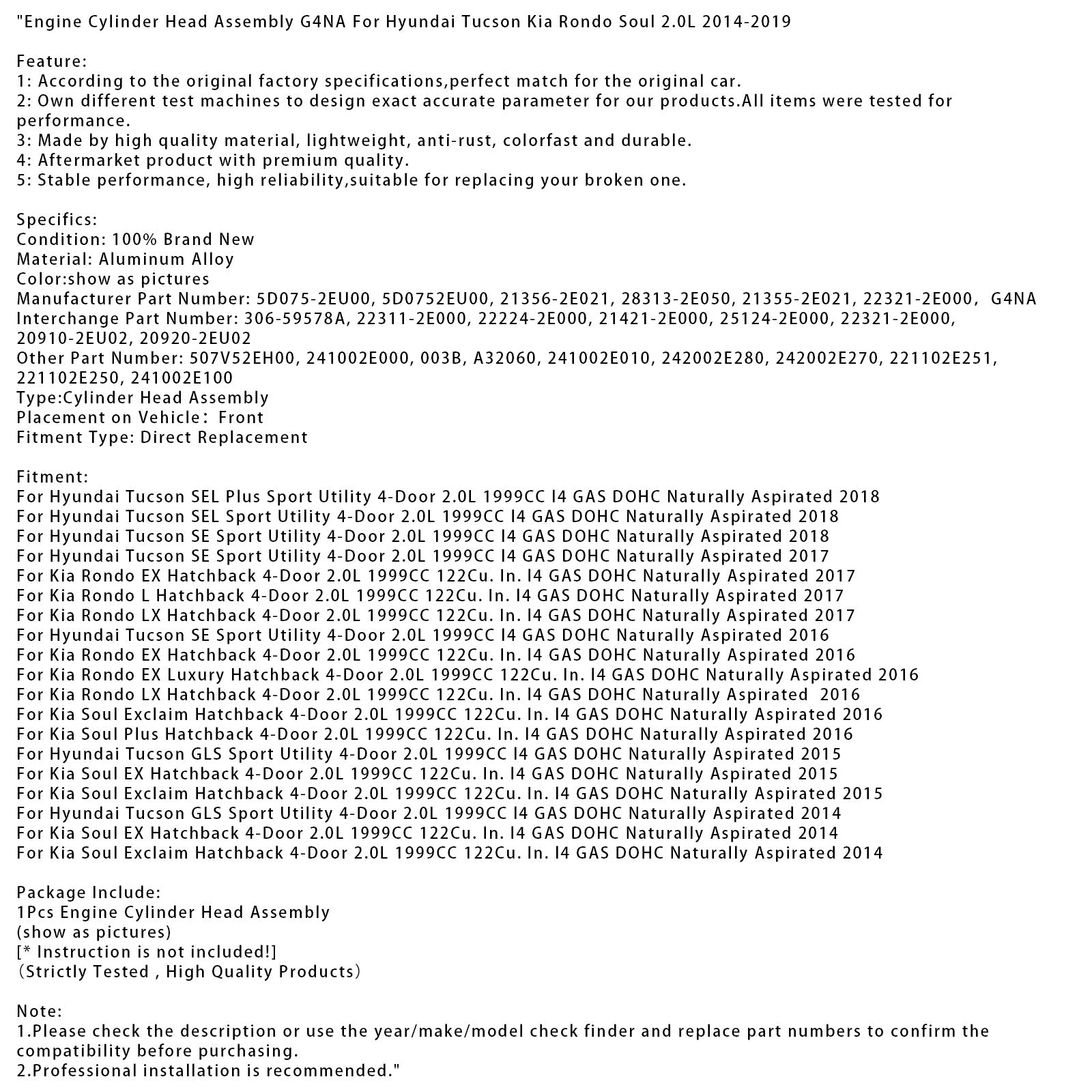 2014-2019 Hyundai Tucson Kia Rondo Soul 2.0L Engine Cylinder Head Assembly G4NA