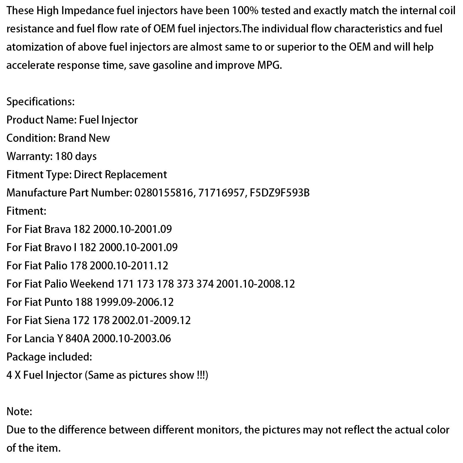 4PCS Fuel Injector 0280155816 Fit Fiat Brava Bravo I Palio Punto Siena Lancia Y
