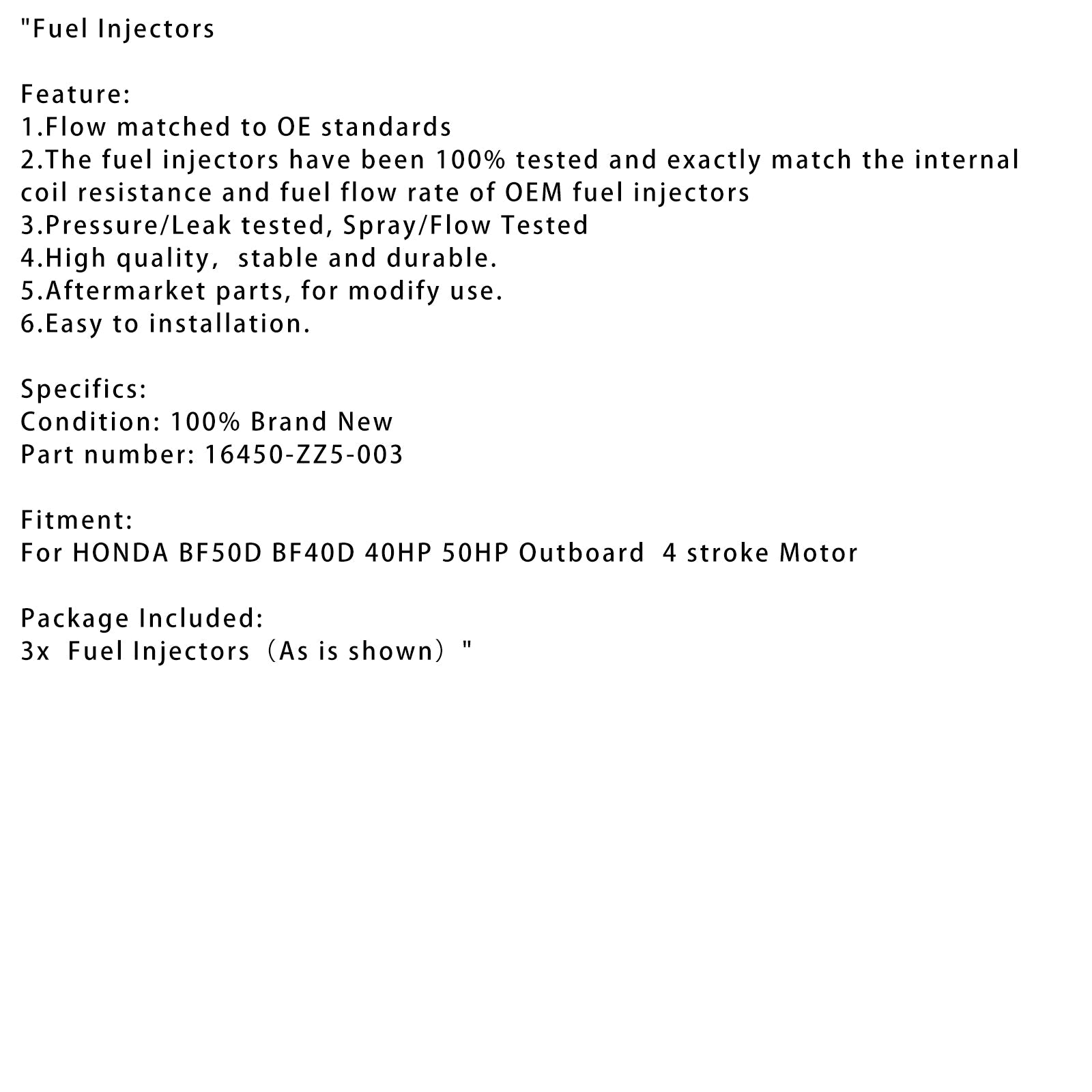 3PC 16450-ZZ5-003 Honda BF50D BF40D 40HP 50HP 아웃 보드를위한 연료 인젝터