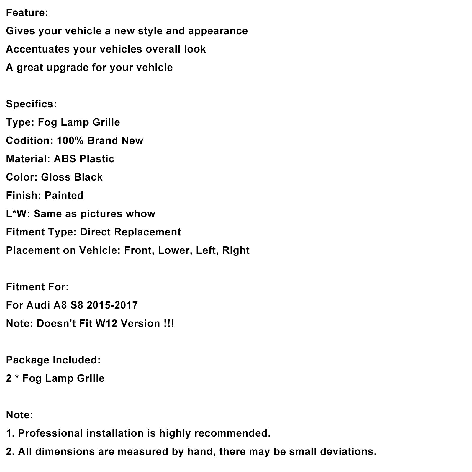 2015-2017 Audi A8 S8 2PCS Black Front Fog Grill Grille Light Cover