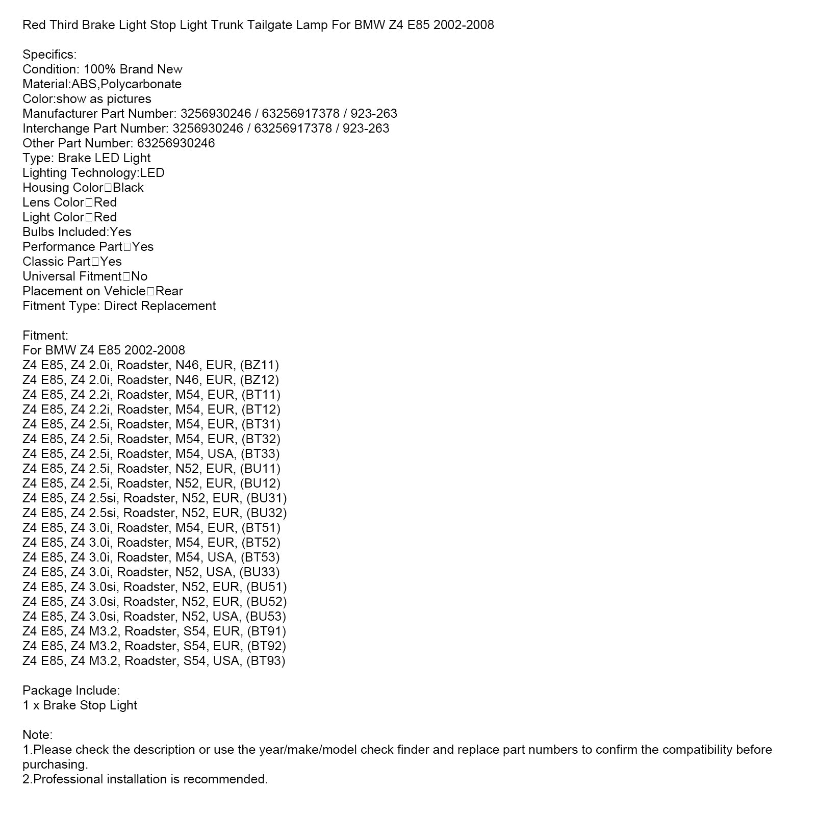 Red Third Brake Light Stop Light Trunk Tailgate Lamp For BMW Z4 E85 2002-2008