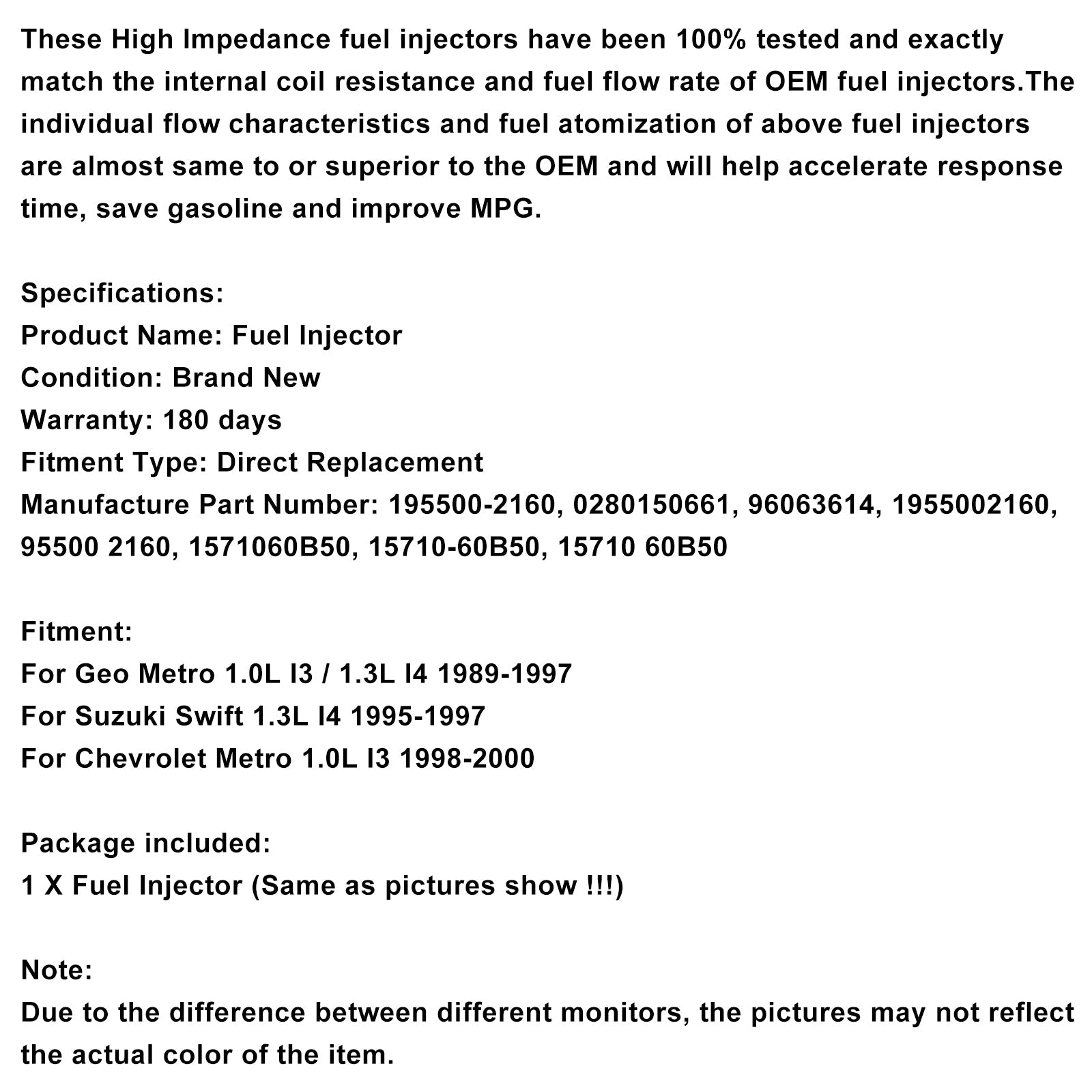 1PCS Fuel Injector 0280150661 Fit Geo Metro Fit Suzuki Swift 1.0L 195500-2160