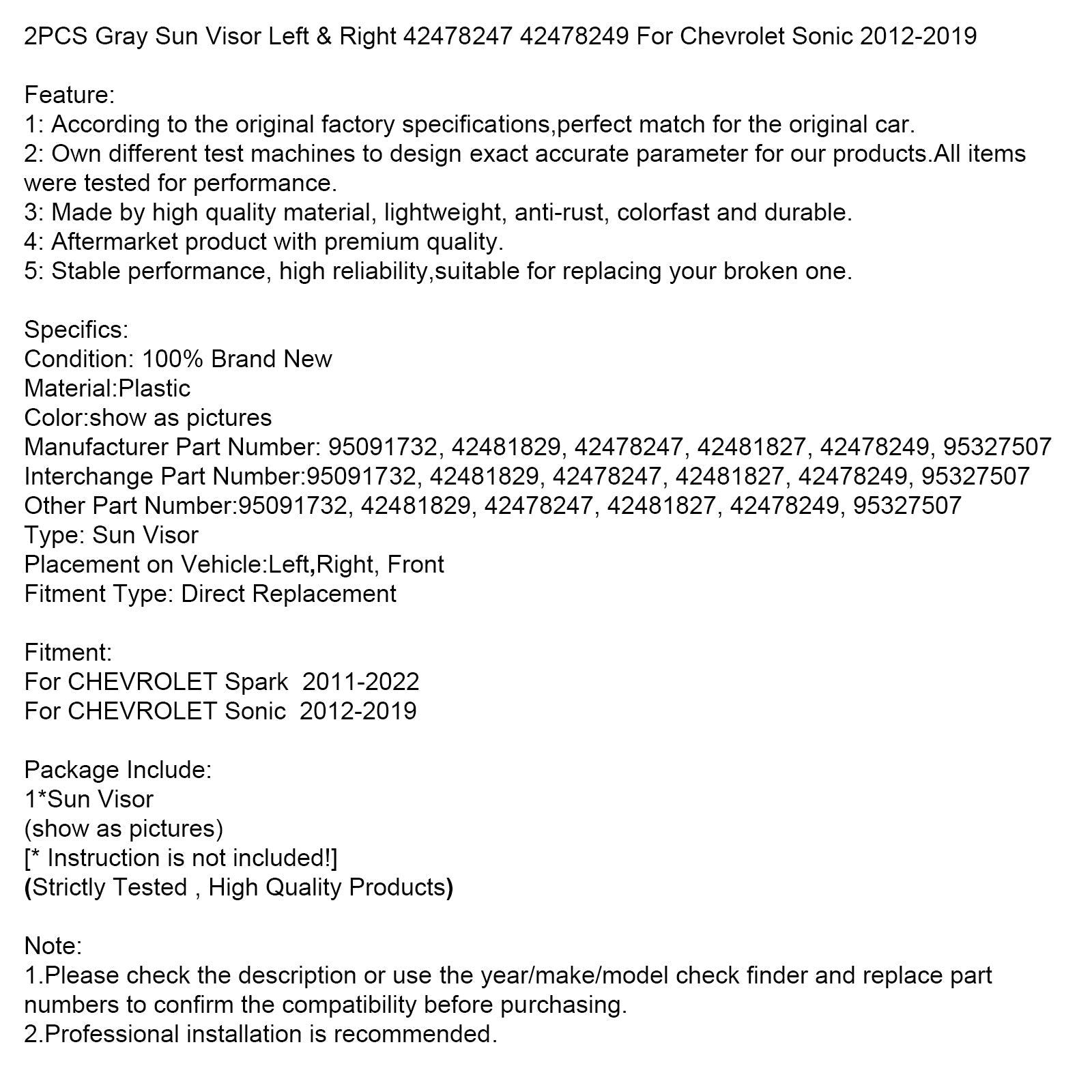 2PCS Gray Sun Visor Left & Right 42478247 42478249 For Nissan Altima 2013-2018