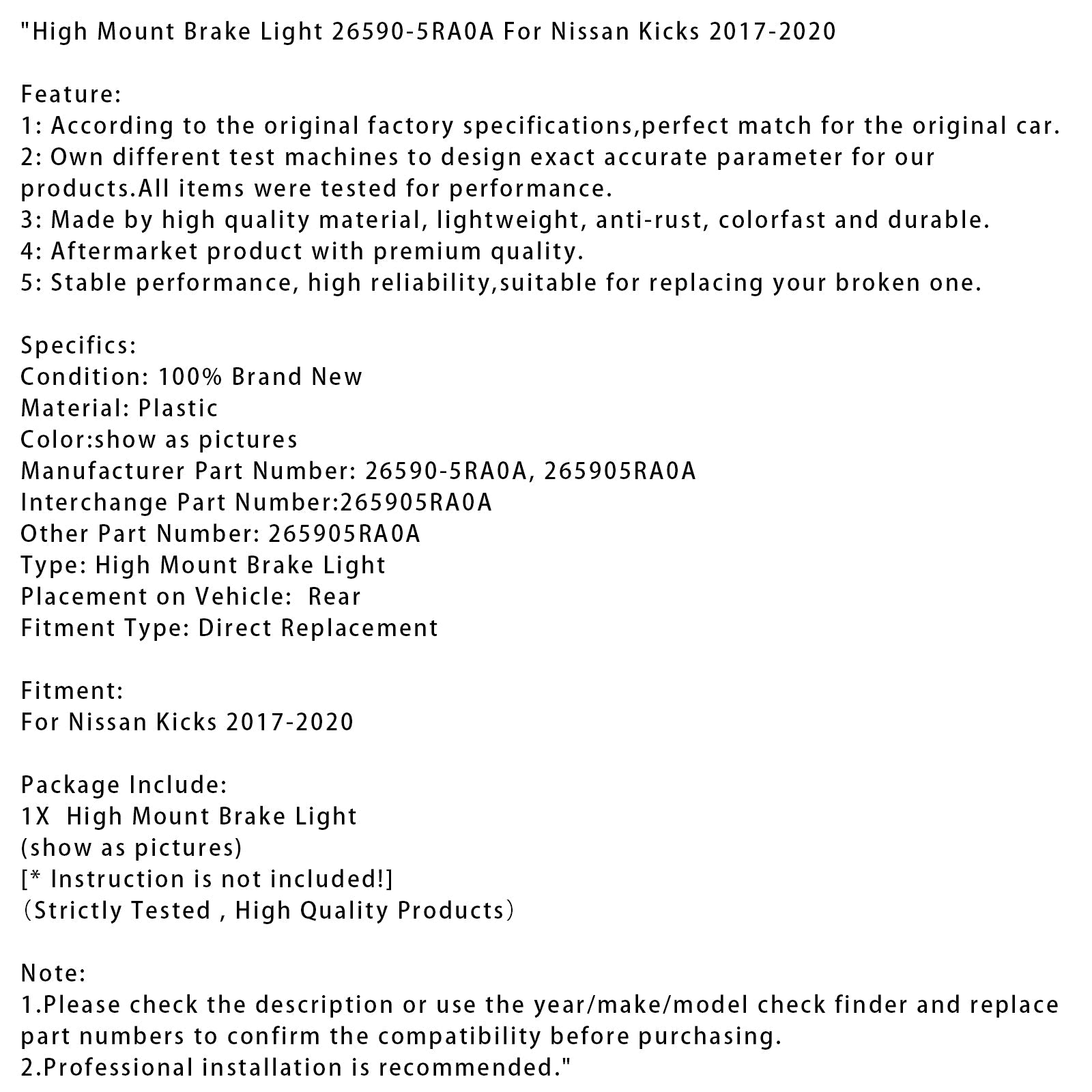 2017-2020 Nissan Kicks High Mount Brake Light 26590-5RA0A