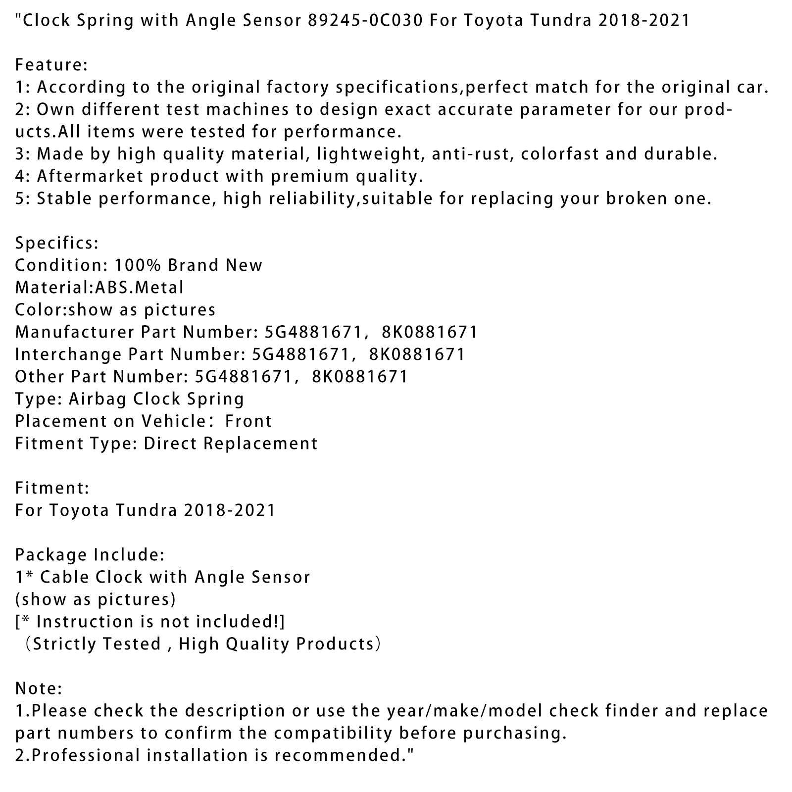 Clock Spring with Angle Sensor 89245-0C030 For Toyota Tundra 2018-2021