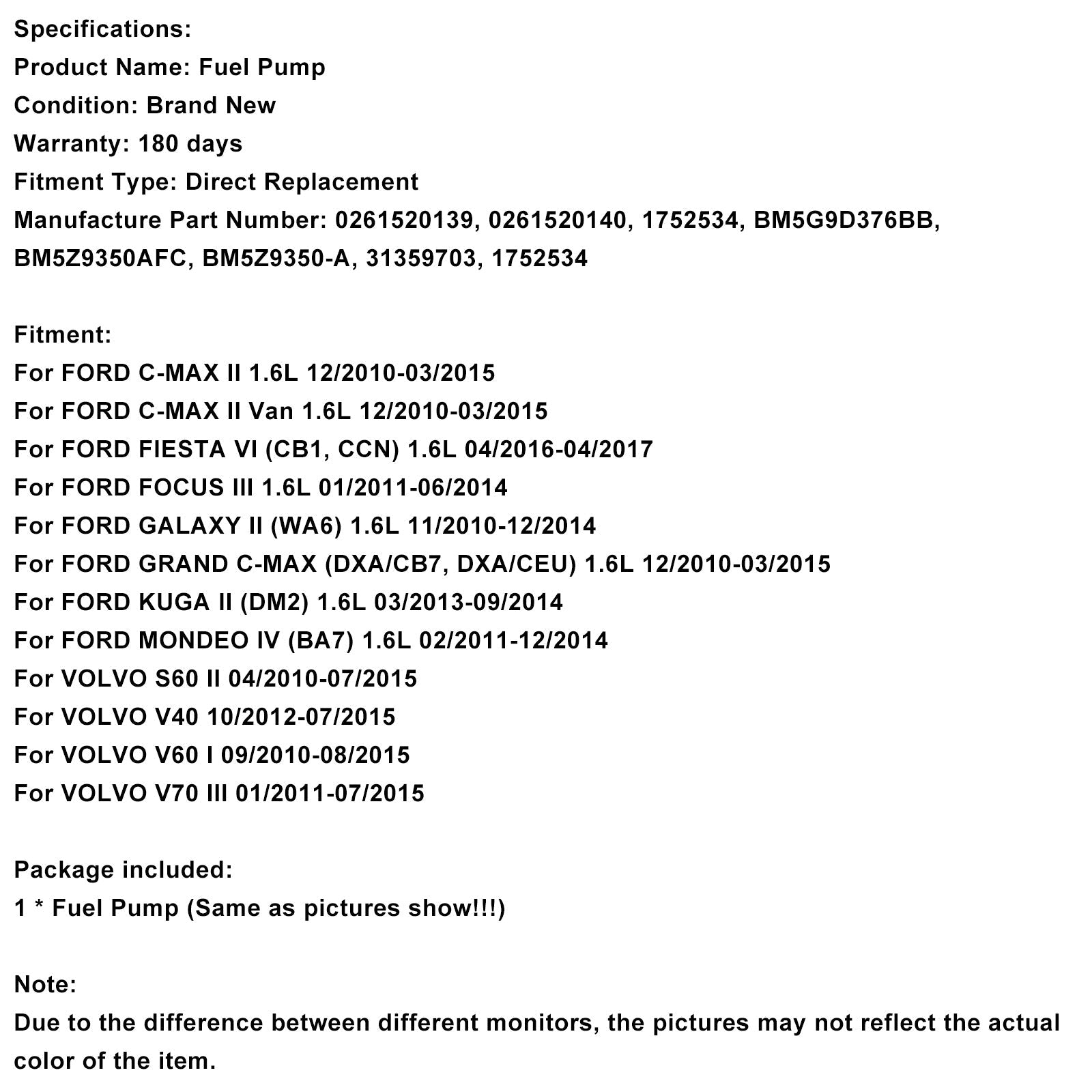 12/2010-03/2015 FORD GRAND C-MAX (DXA/CB7, DXA/CEU) 1.6L High Pressure Fuel Pump BM5G9D376BB 1752534 0261520139