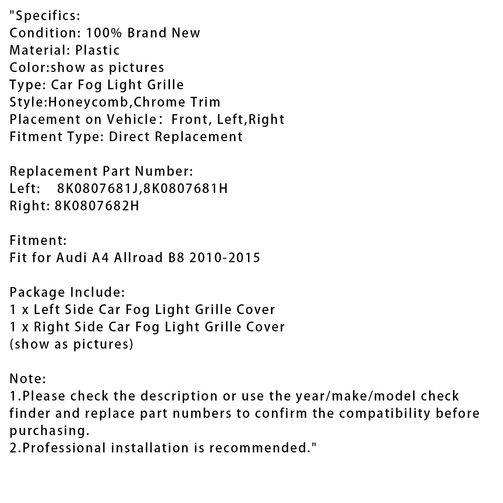 2010-2015 Audi A4 Allroad B8 Front Bumper Honeycomb Fog Grille Cover Chrome