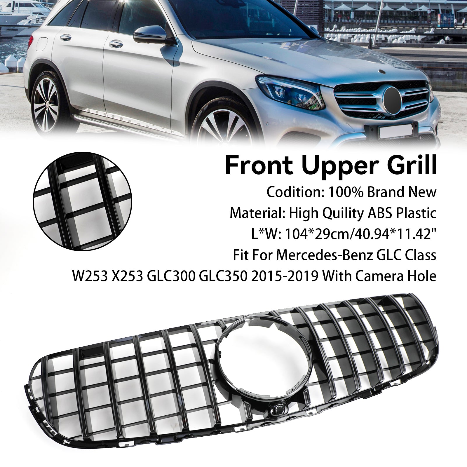 Front Bumper Grille Grill Fit Mercedes Benz GLC X253 C253 2015-2019 Gloss Black