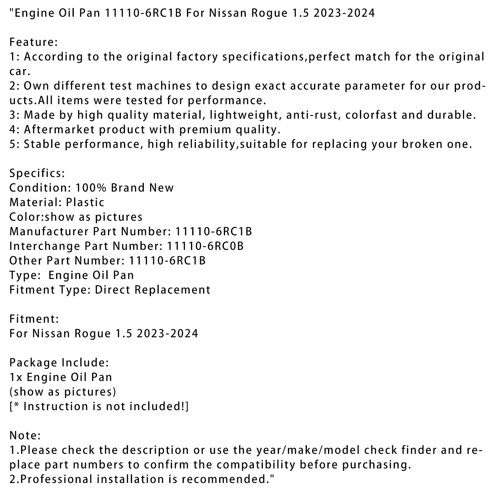 Engine Oil Pan 11110-6RC1B For Nissan Rogue 1.5 2023-2024