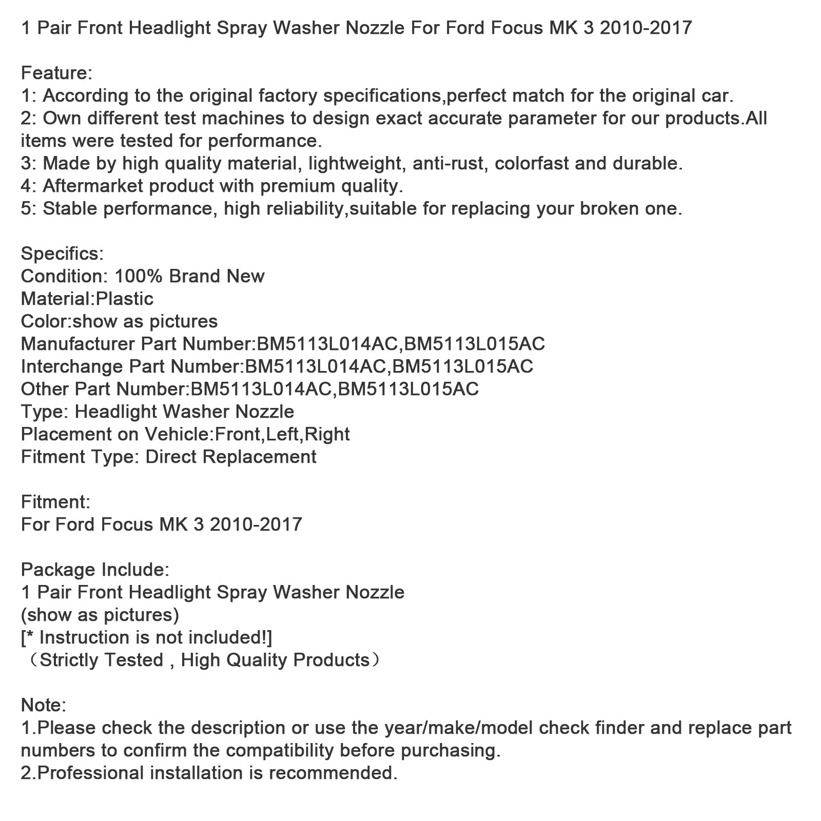 2010-2017 Ford Focus MK 3 1 Pair Front Headlight Spray Washer Nozzle