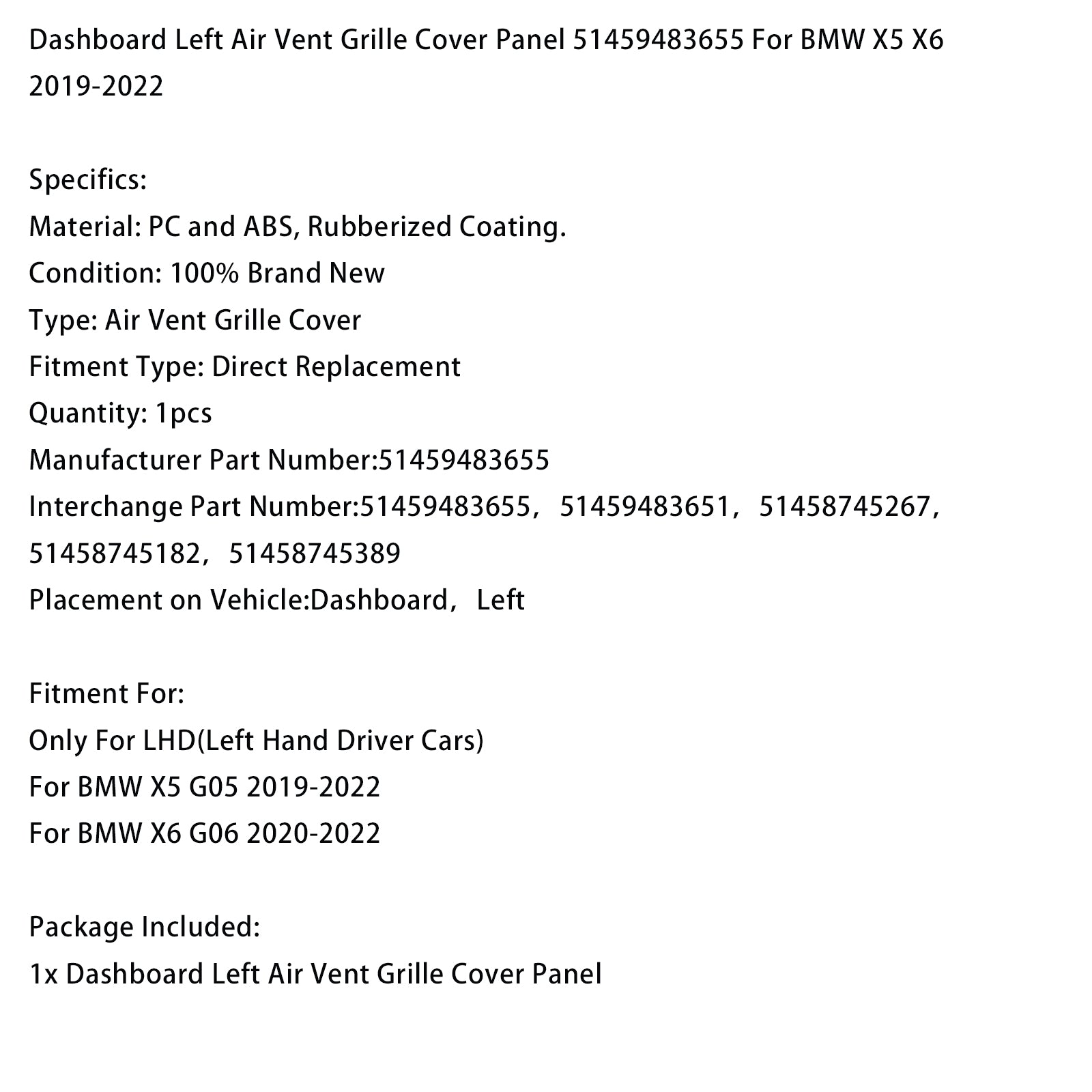 2020-2022 BMW X6 G06 Dashboard Left Air Vent Grille Cover Panel 51459483655