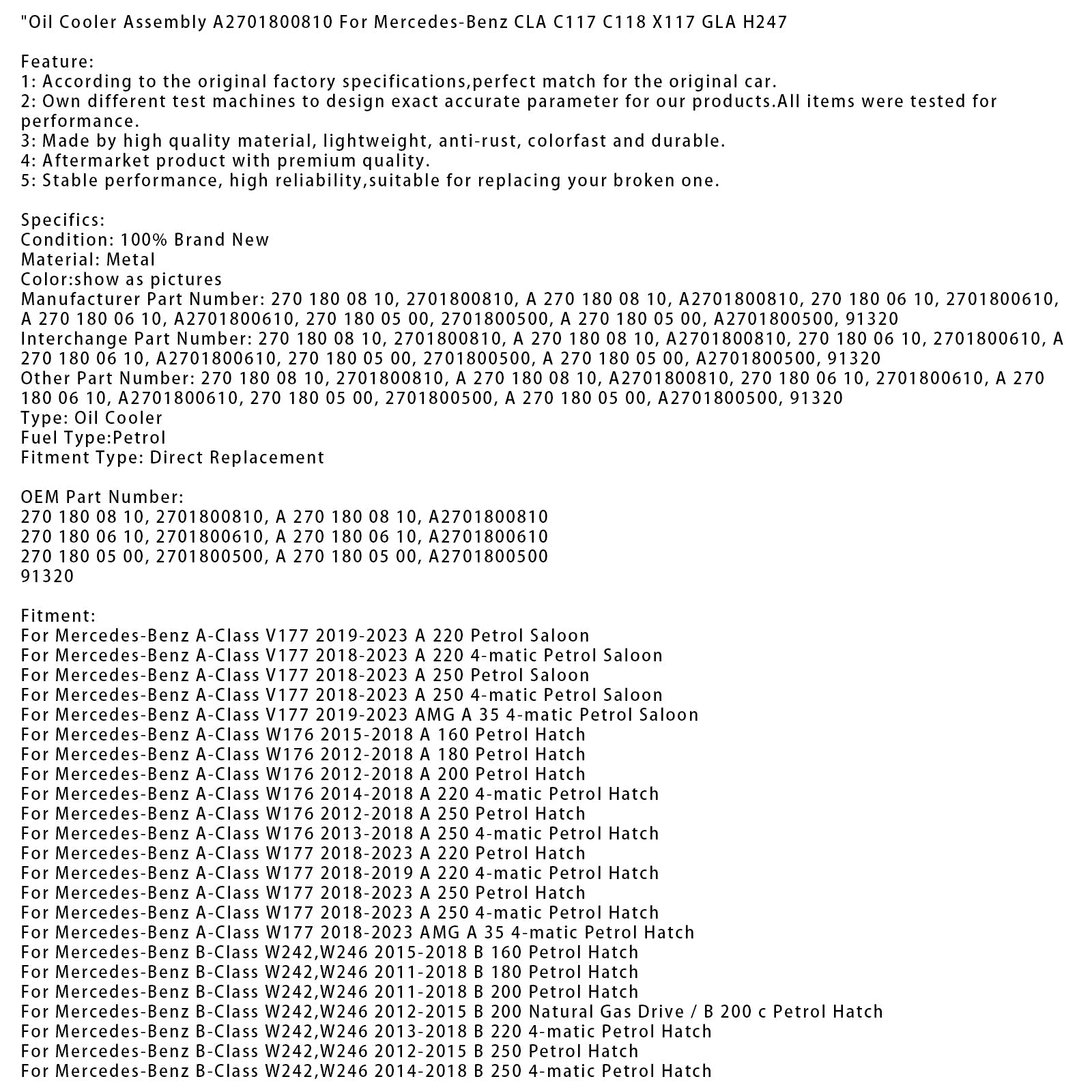 2018-2023 Mercedes-Benz A-Class W177 A 250 Petrol Hatch Oil Cooler Assembly A2701800810