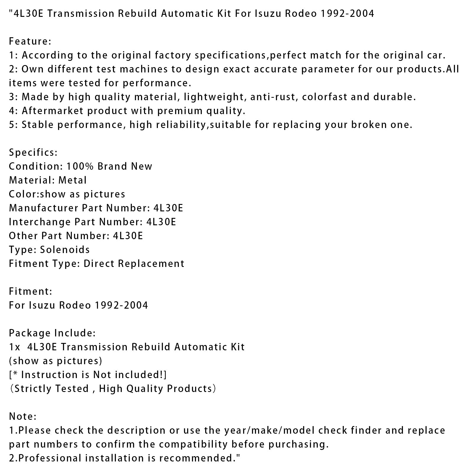1992-2004 Isuzu Rodeo 4L30E Transmission Rebuild Automatic Kit