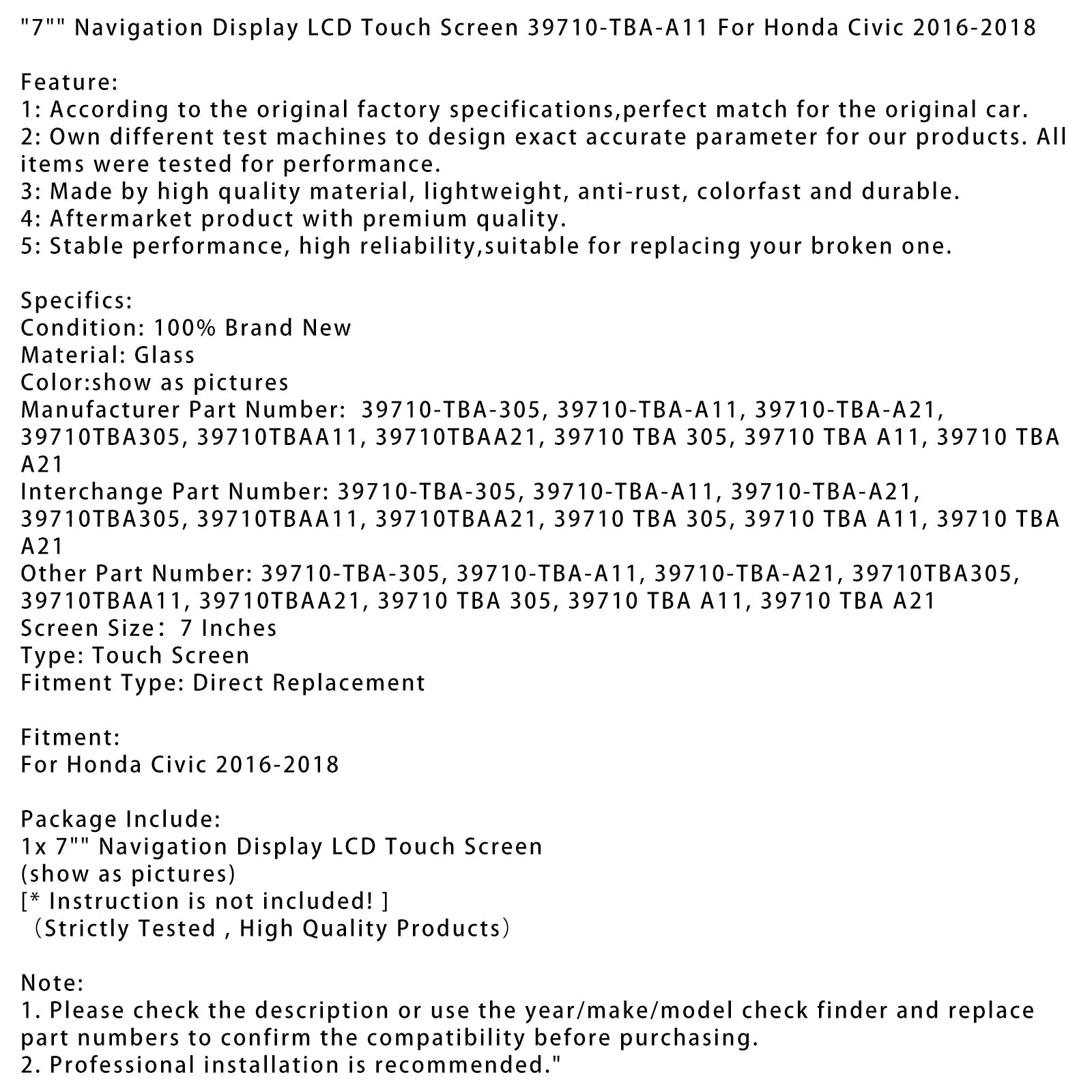 7" Navigation Display LCD Touch Screen 39710-TBA-A11 For Honda Civic 2016-2018