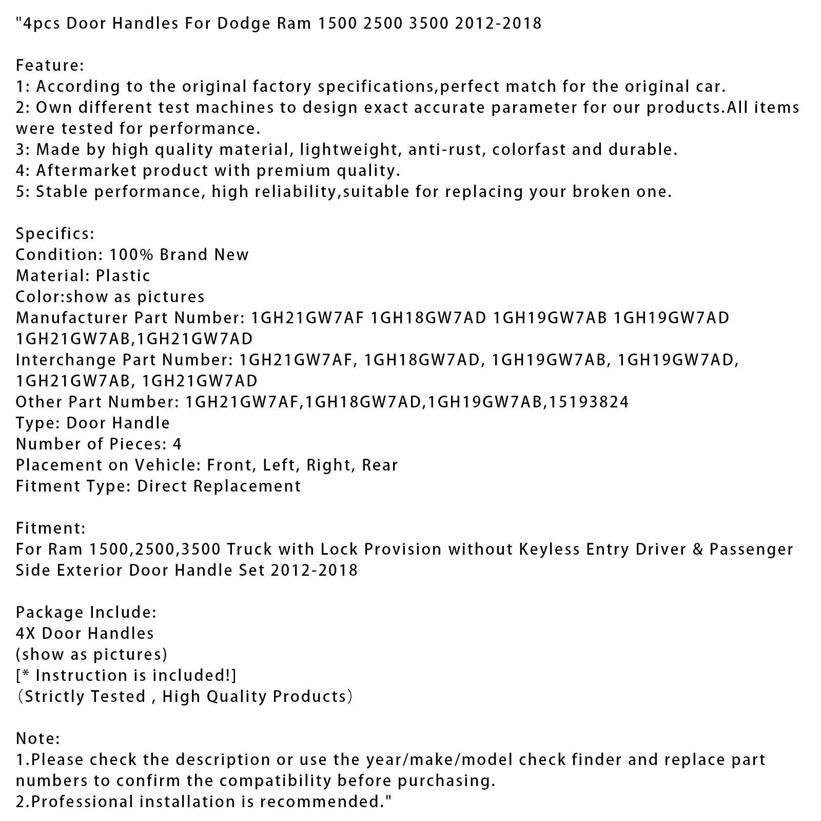 2012-2018 Dodge Ram 1500 2500 3500 4pcs Door Handles