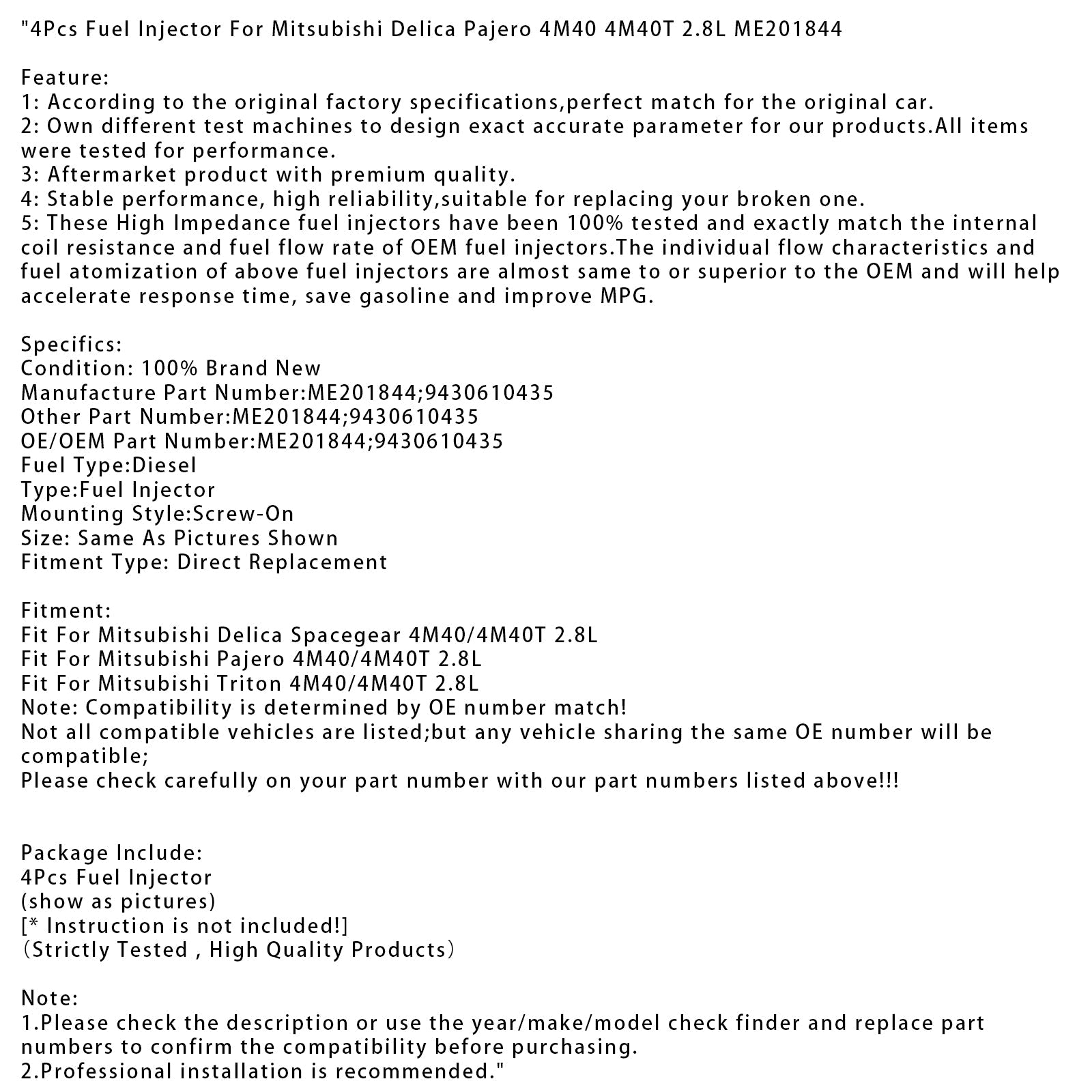 4Pcs Fuel Injector For Mitsubishi Delica Pajero 4M40 4M40T 2.8L ME201844