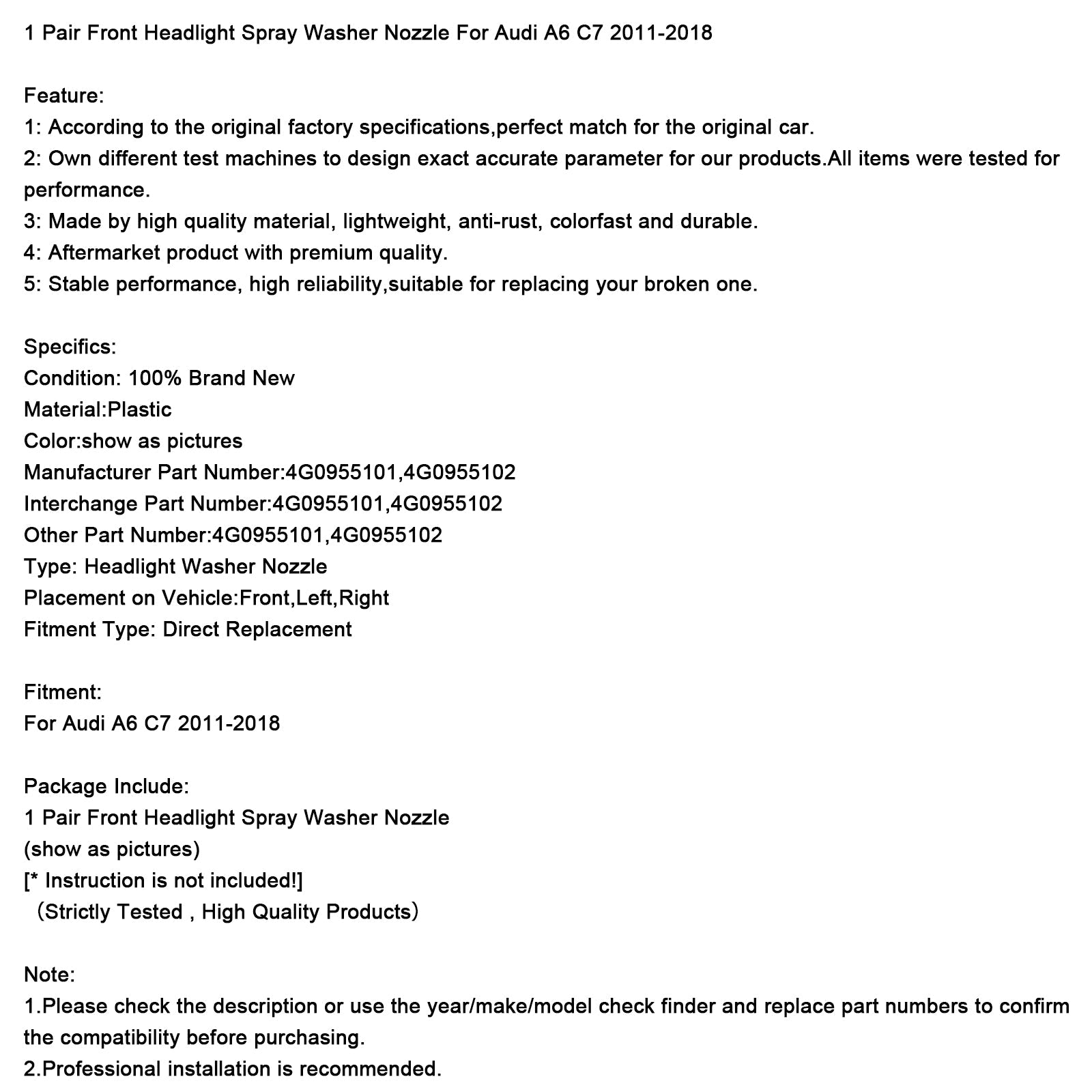 2011-2018 Audi A6 C7 1 Pair Front Headlight Spray Washer Nozzle