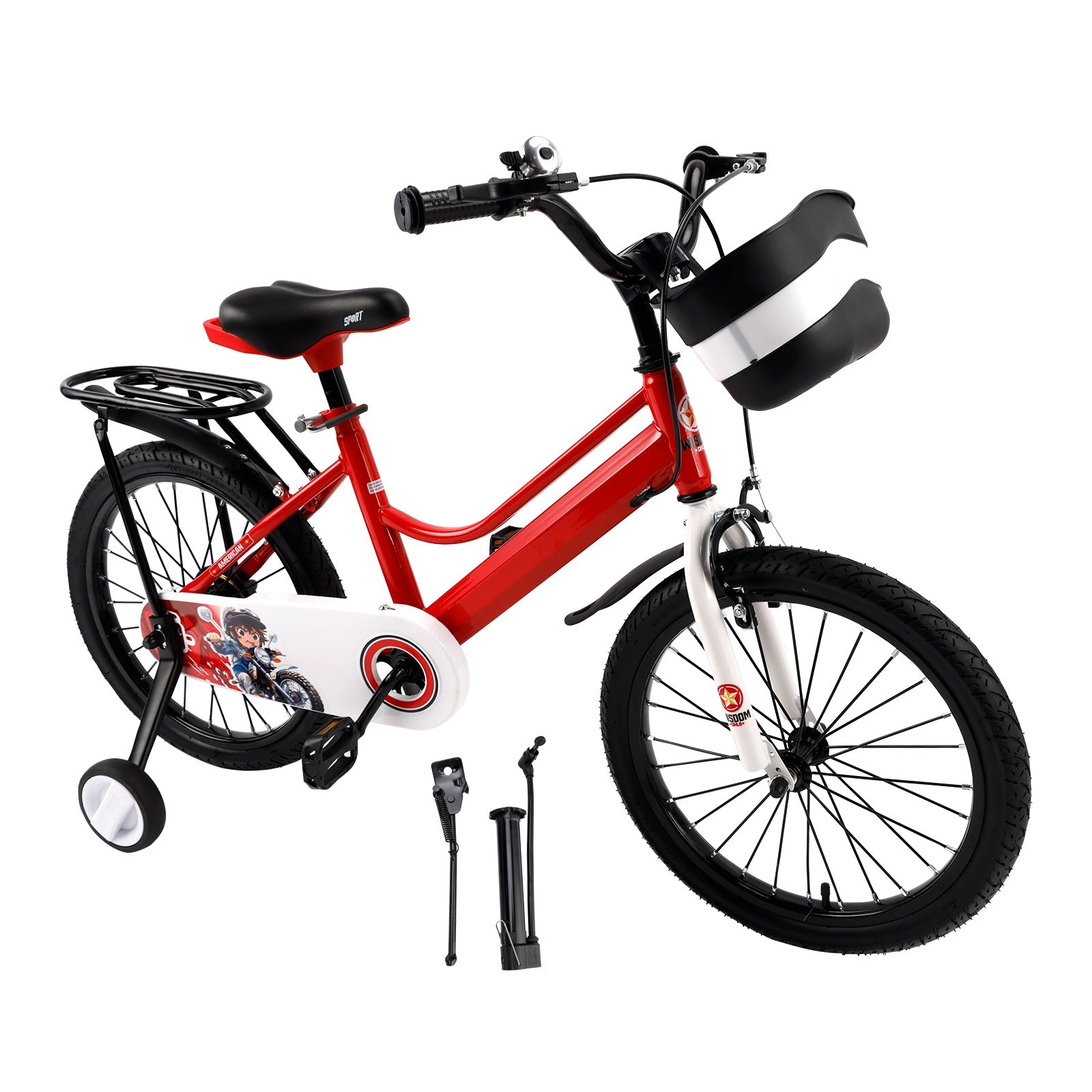 18" Kids Bike for Boys and Girls with auxiliary wheels & Rack Red
