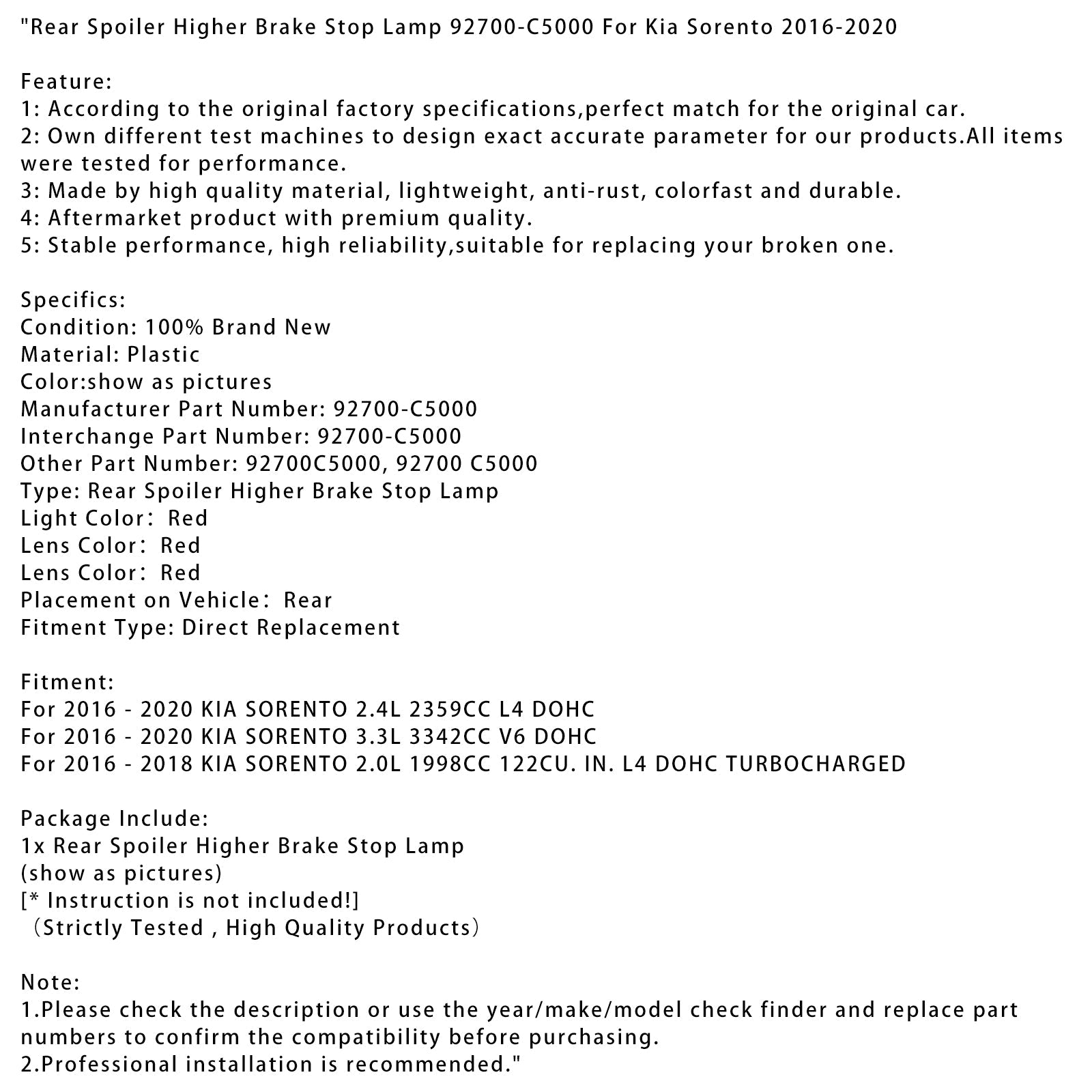 키아 소렌토 2016-2020 용 리어 스포일러 상위 브레이크 스톱 램프 92700-C5000
