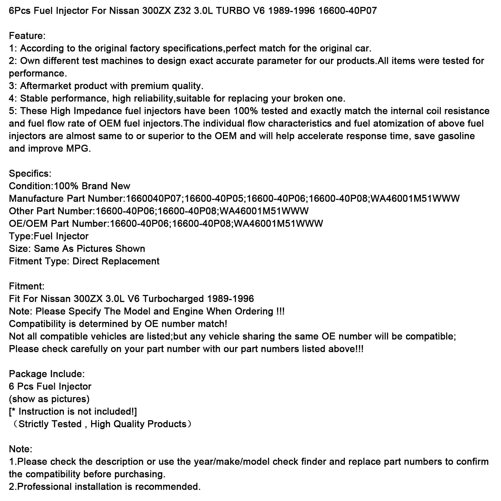 1989-1996 Nissan 300ZX Z32 3.0L TURBO V6 6Pcs Fuel Injector 16600-40P07