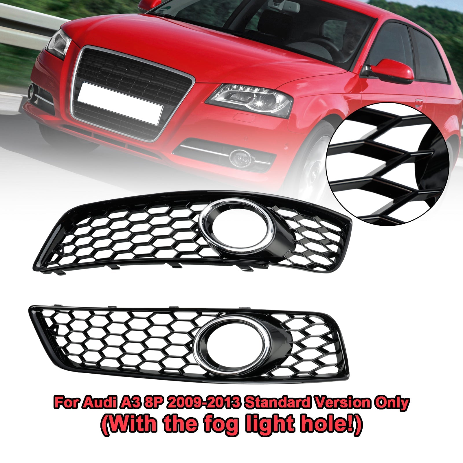 Audi A3 8P 2009-2013 Honeycomb Bumper Front Fog Light Grille Grill Cover