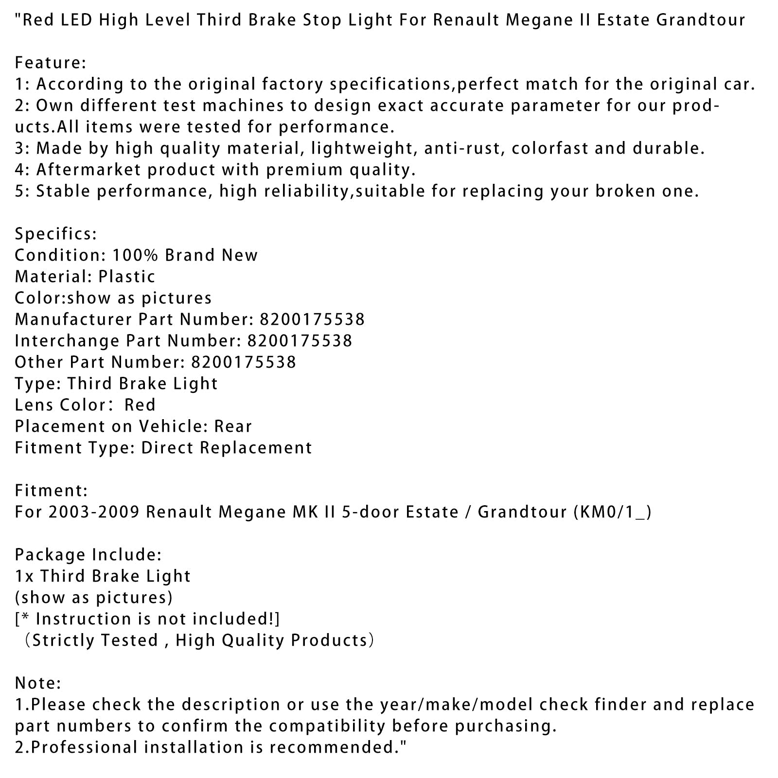 Red LED High Level Third Brake Stop Light For Renault Megane II Estate Grandtour